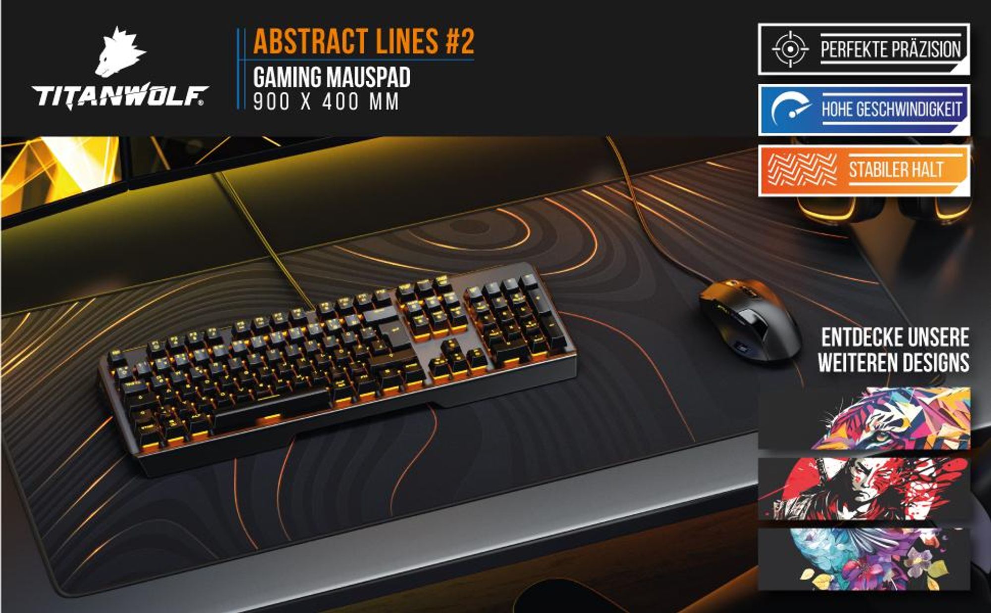 Titanwolf Gaming Mauspad Abstract Lines #2, 900 x 400 mm mit Präzision, Geschwindigkeit und Halt