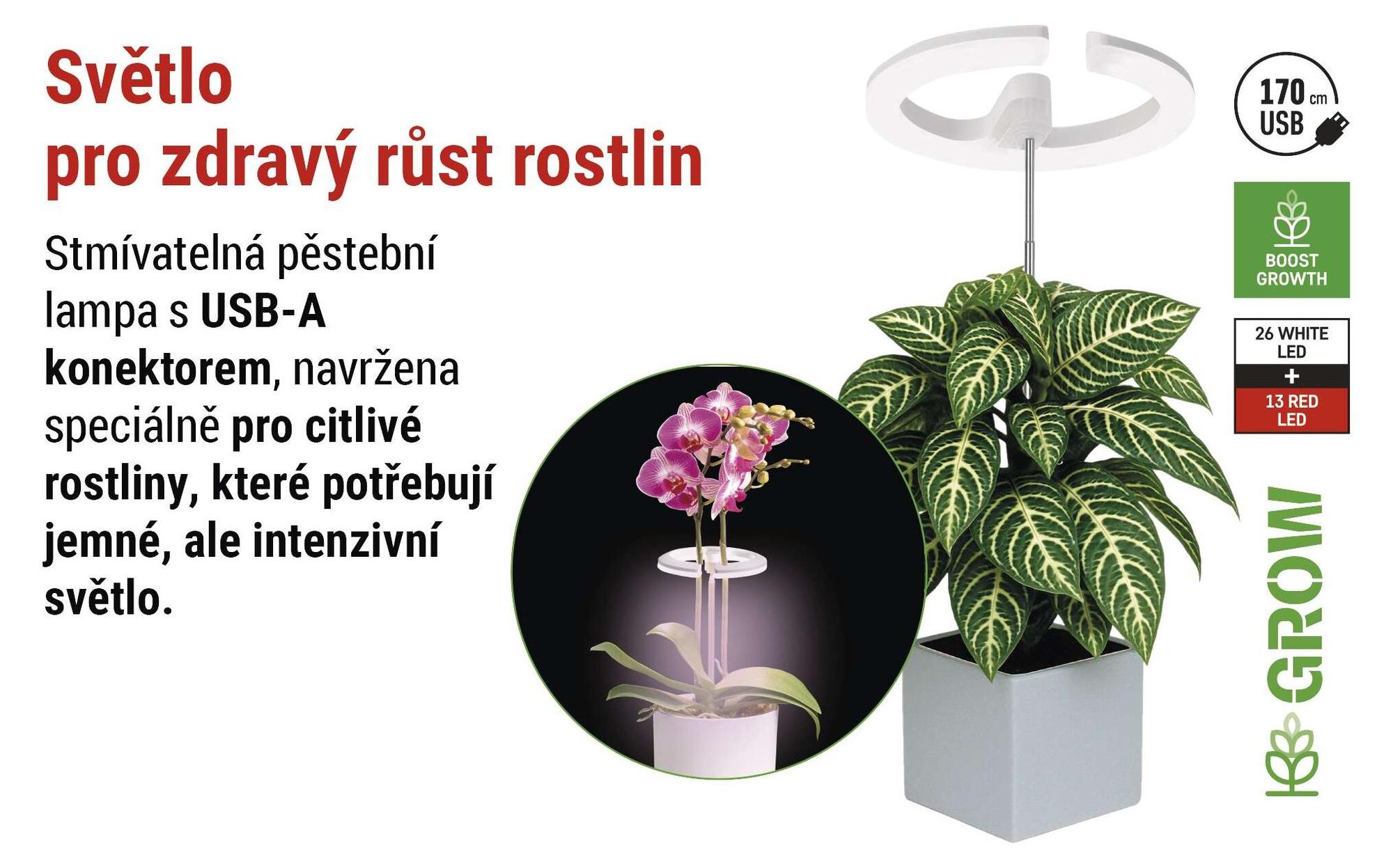 EMOS LED pěstební lampa pro pokojové rostliny a sukulenty, kulatá lampa pro orchideje s časovačem, výškově nastavitelná, 300lm, 1,7m USB kabel, Z7902