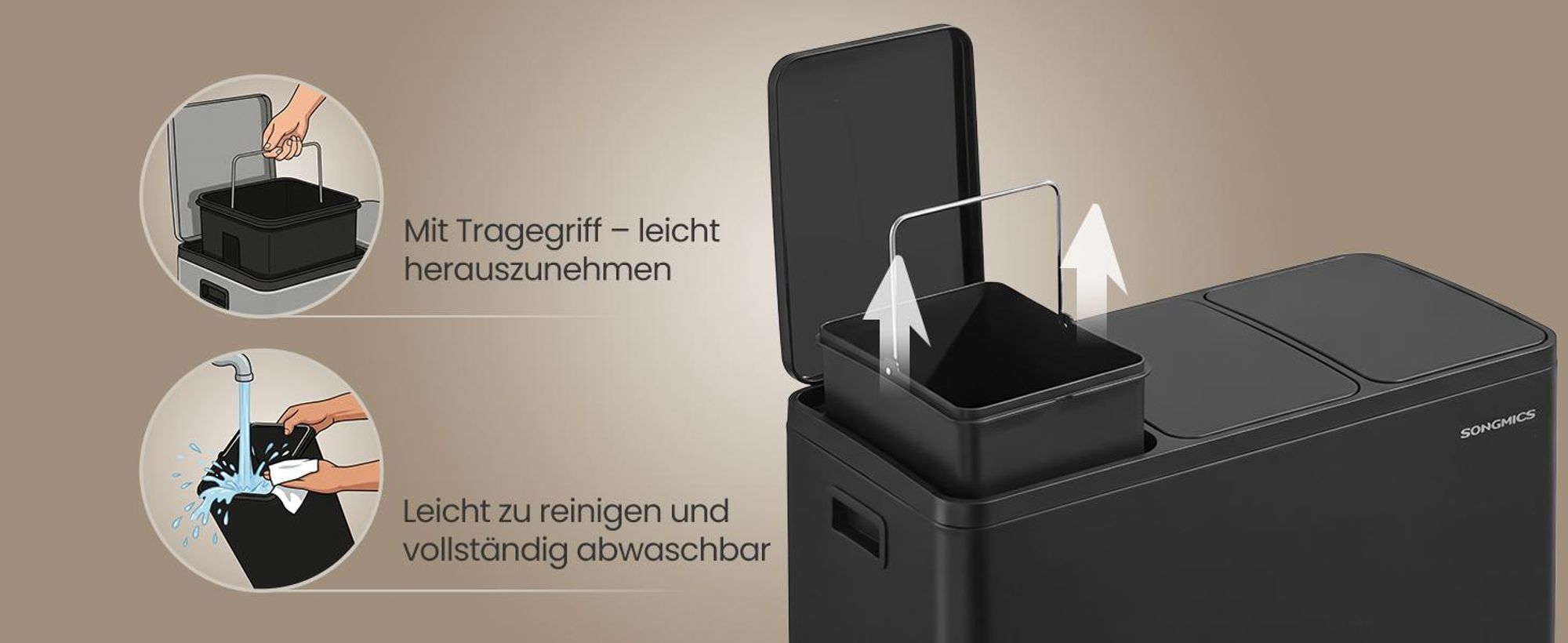 Abfalleimer 3 Fächer, Mülleimer 3 x 18 L, Tretmülleimer Softclose-Deckel, Küche, herausnehmbare Inneneimer, schwarz