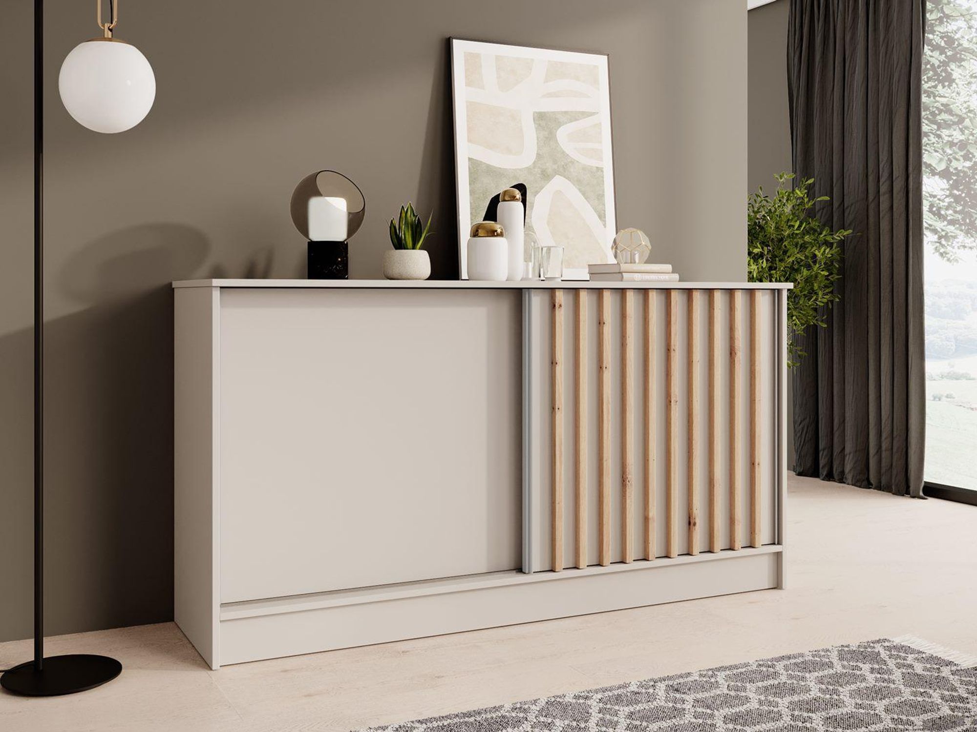 BEAUTYSOFA | Komoda HORIZON 160 cm, barva kašmír, Artisan s lamelami, příborník se 2 posuvnými dvířky, moderní design, velký úložný prostor