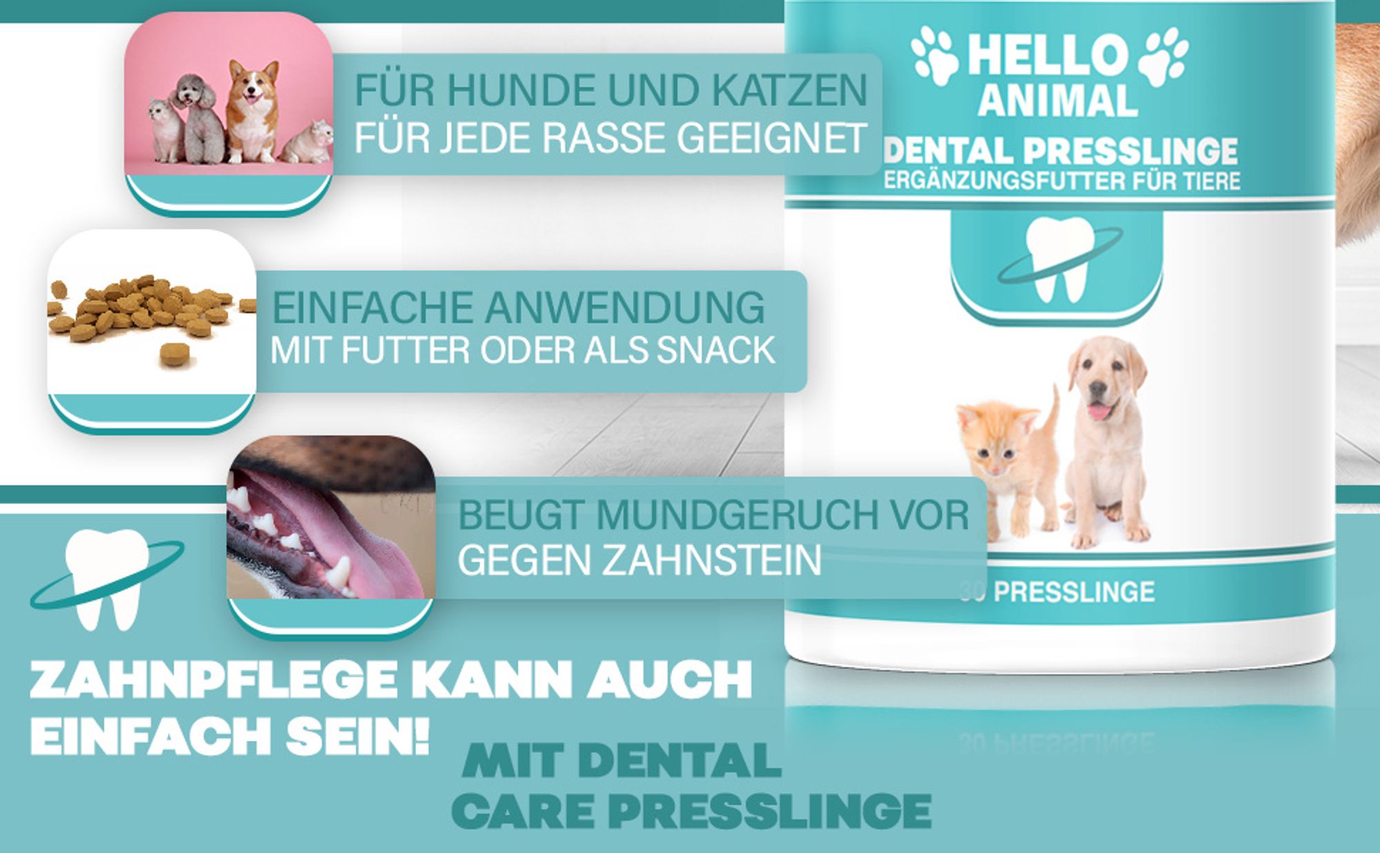 Hello Animal® Dental Presslinge – Dental - für Hunde – Zahnsteinspray für Hunde – Zahnstein selbst entfernen – Zahnspray für Hunde gegen Mundgeruch