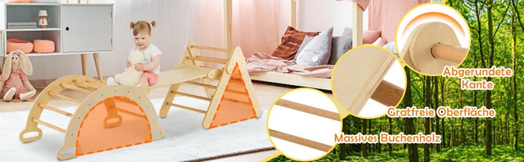 DREAMADE Klettergerüst mit Kletterbogen und Rutsche,Montessori Indoor Kletterdreieck ab 1 Jahre(Natur)