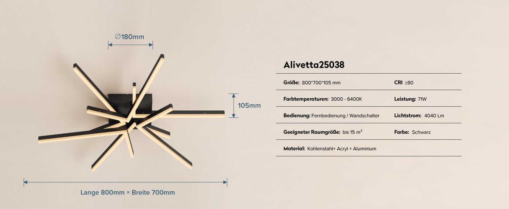 doporro LED Deckenleuchte 72W, 80 cm Deckenlampe für Wohnzimmer oder Küche, einstellbare Farbtemperatur 3000K/4200K/6400K, Sandschwarz Alivetta25038