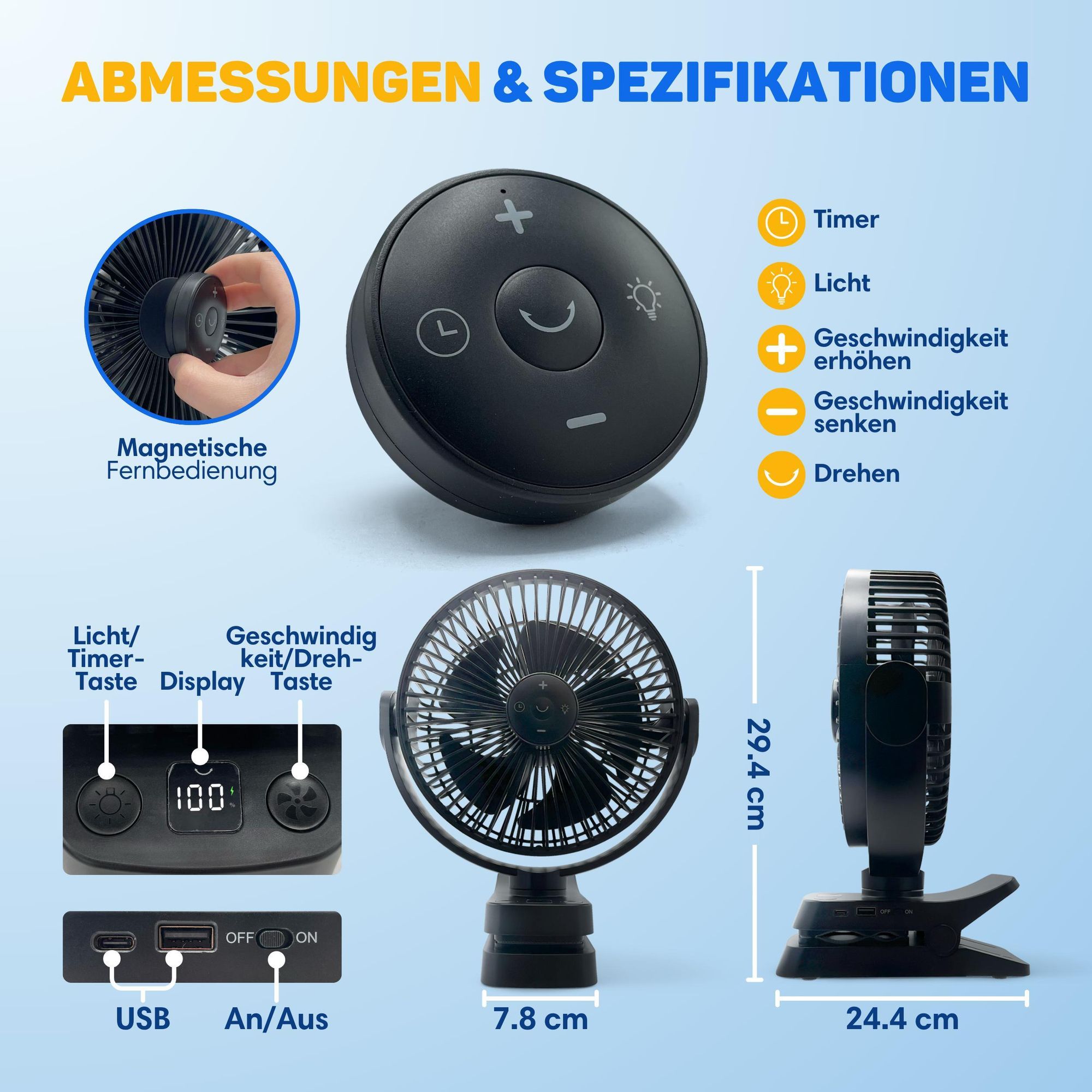 Vulpes Goods Tischventilator, wiederaufladbar und kabellos, leiser Ventilator mit Fernbedienung, 5 Geschwindigkeiten, Beleuchtung & Powerbank-Funktion