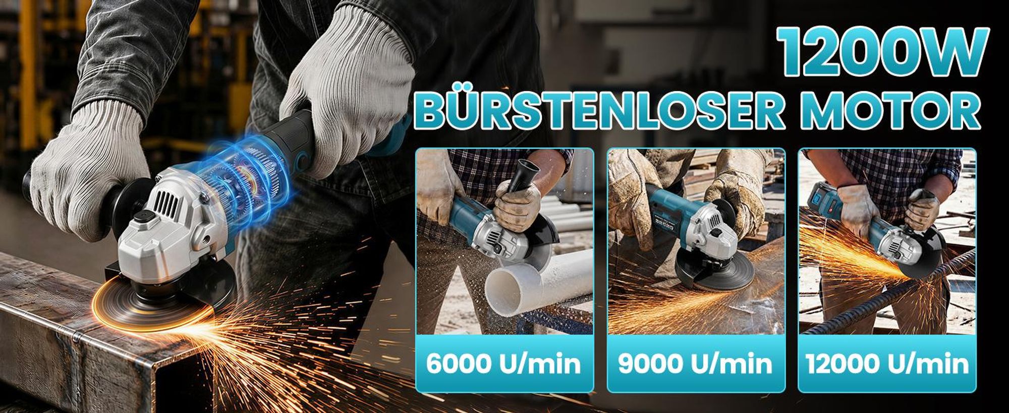 Akku Winkelschleifer 125 mm Bürstenlos Winkelschleifer 12000W mit 2x 4000 mAh Akku, 10000 U/min Winkelschleifer Set für Präzises Trennen und Schleifen