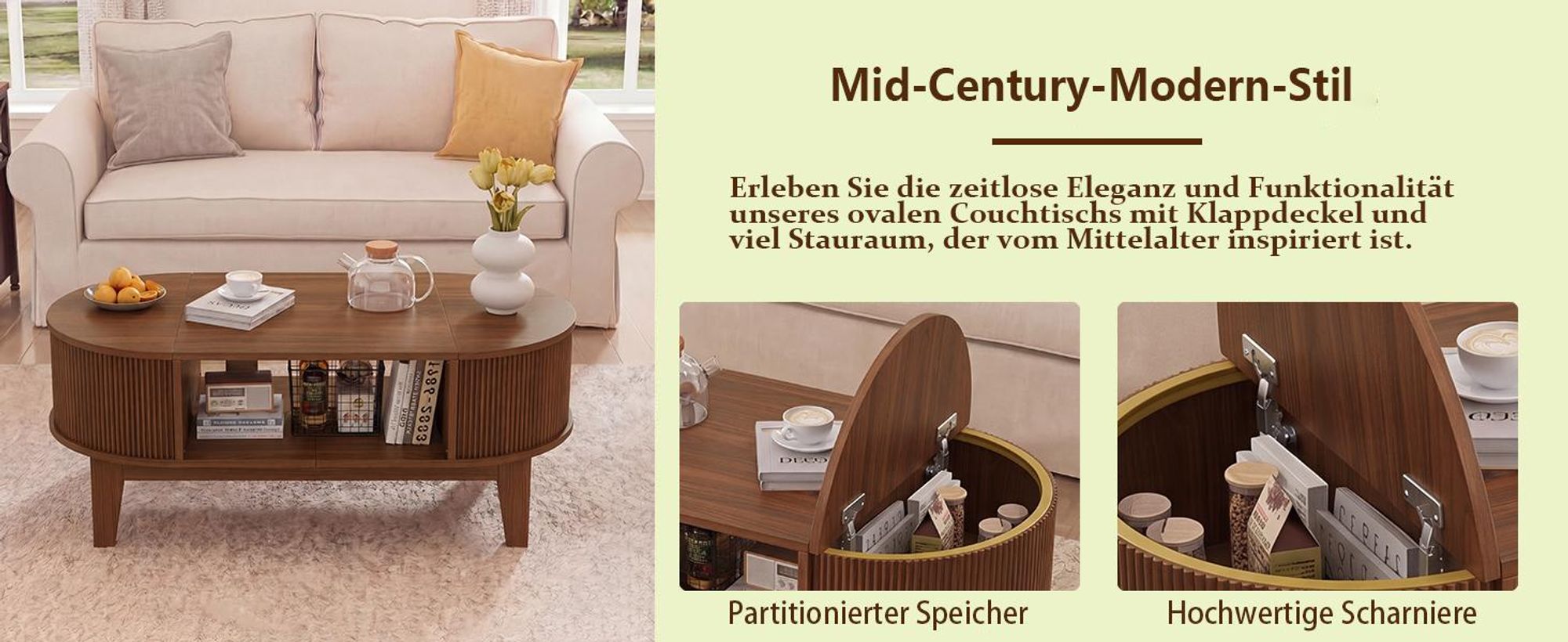 INONEFT Couchtisch mit verstecktem Stauraum, beistelltisch,wohnzimmertisch,Sofatisch mit MDF & Holzbeine, Walnuss