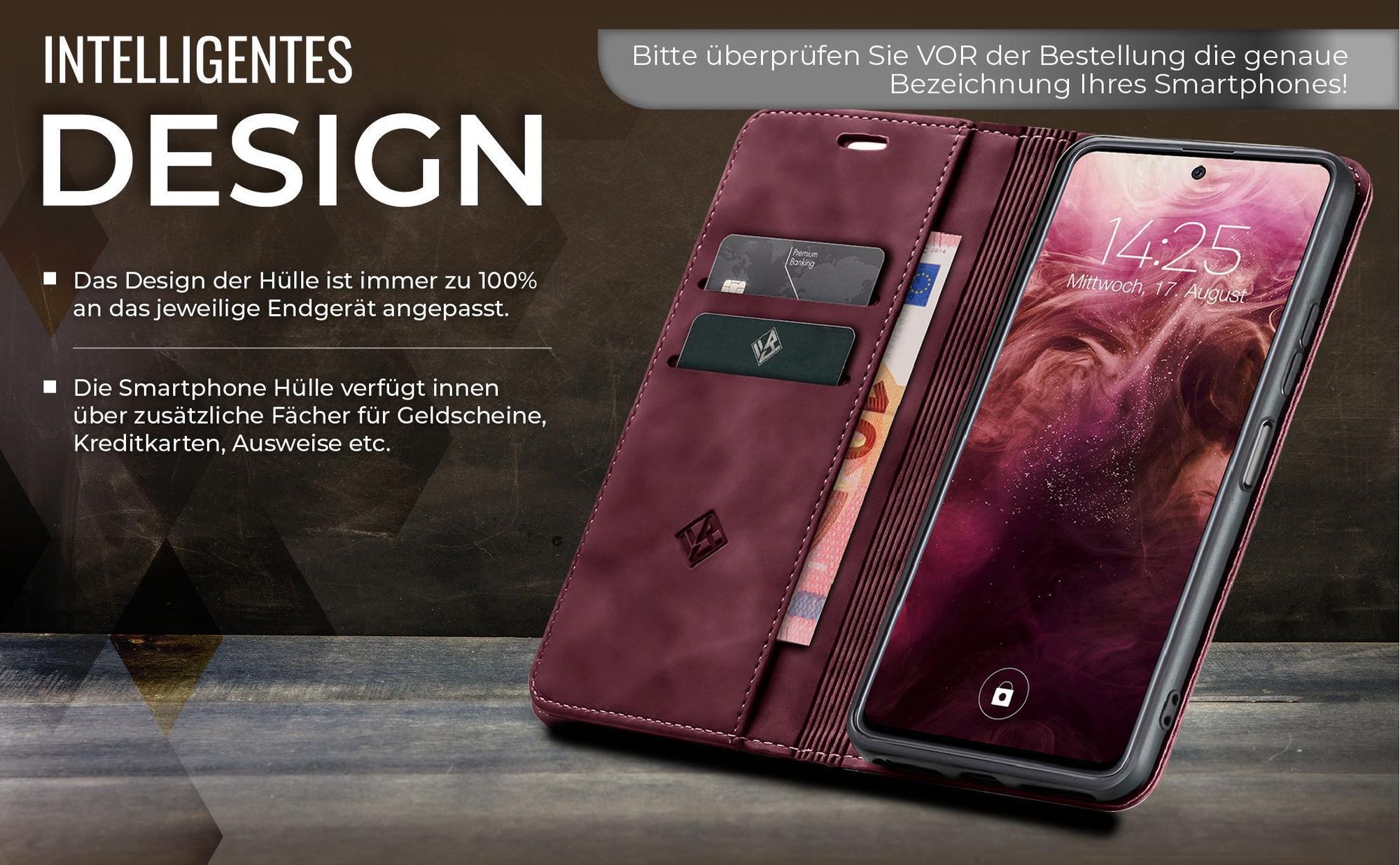 Edle Schutzhülle in Weinrot für Xiaomi Redmi Note 10 5G mit Kartenfächern und Geldfach