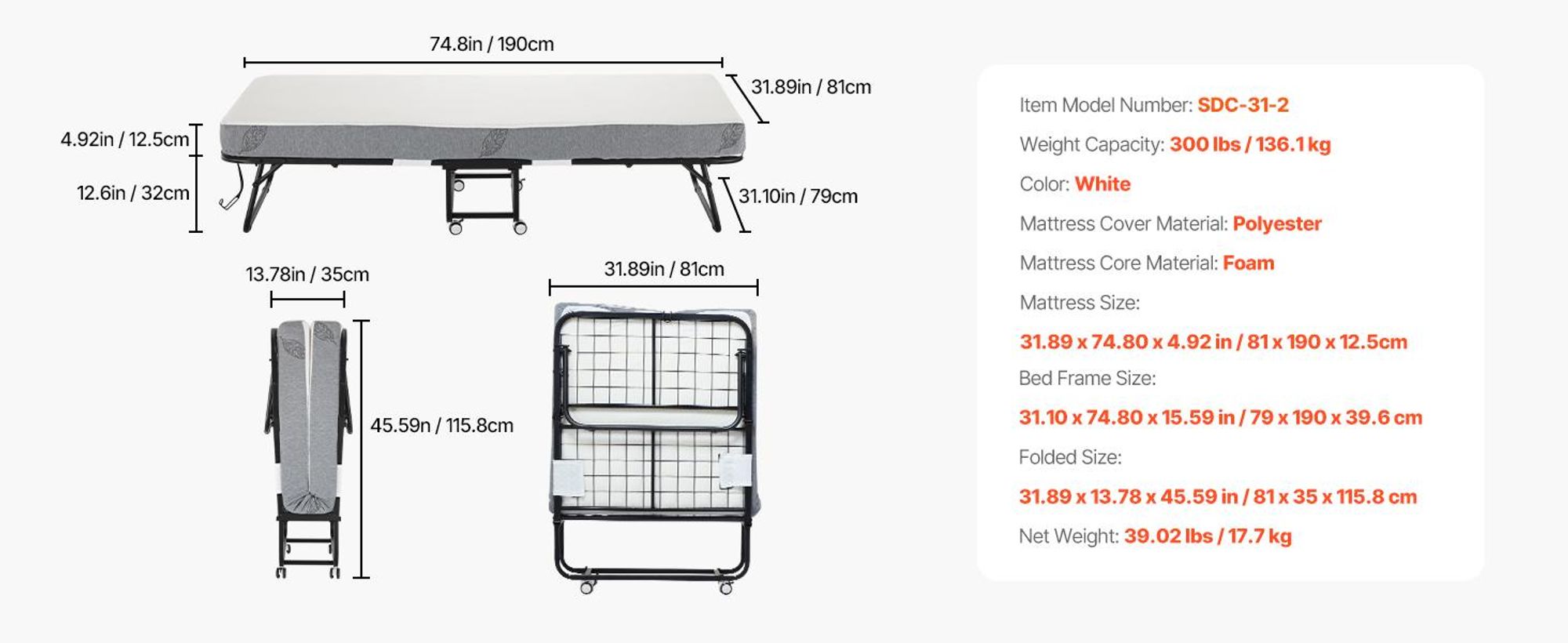 VEVOR Klappbett mit 5-Zoll-Matratze, faltbares Einzelbett mit Memory-Schaum-Matratze (75 x 32 Zoll), 137 kg schweres Metallbett für Schlafzimmer und Wohnzimmer