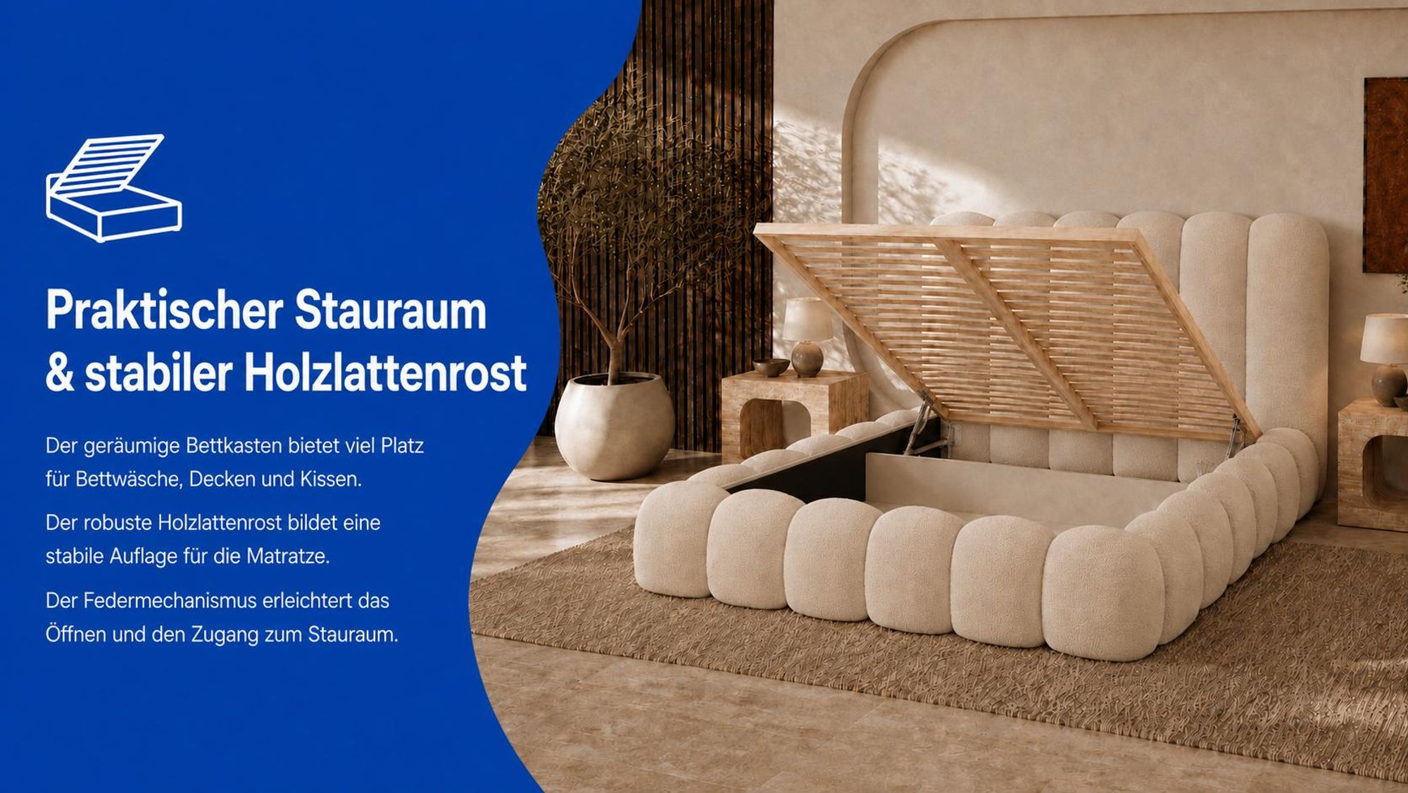 Beiges Polsterbett MELLOW mit hochwertigem, strukturiertem Quelle-Bezugsstoff