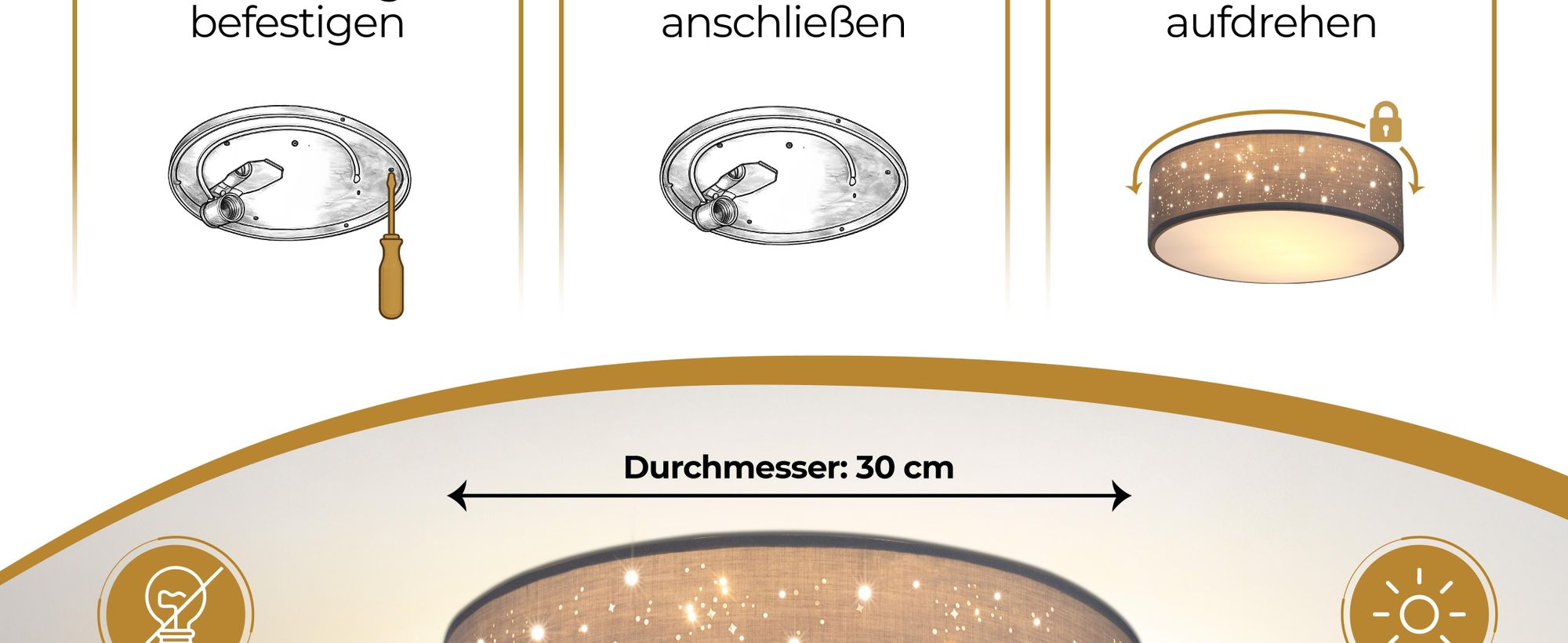 MONZANA® Deckenlampe Sternenhimmel Wohnzimmer Schlafzimmer E27 Grau Rund 30cm Stoffschirm 1-Flammig 40W Küche Lampe Deckenleuchte Stoffdeckenlampe