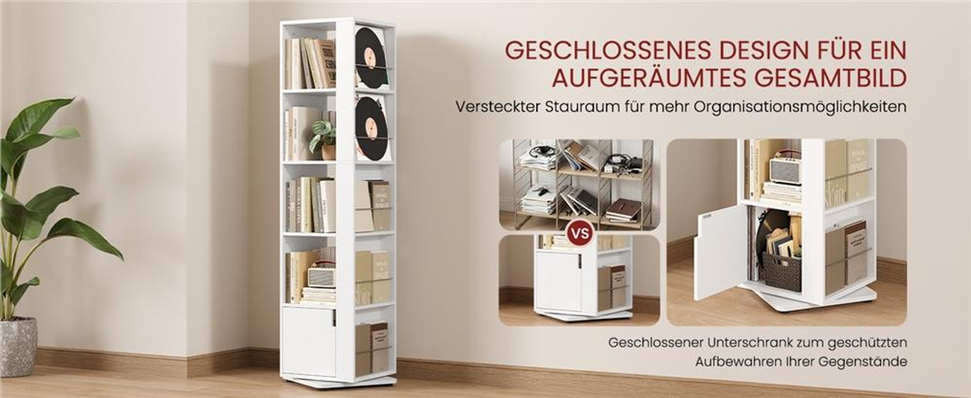 Yaheetech 360° drehbares Bücherregal, mit 5 Ebenen und 20 Fächern, Standregal 42×42×169 cm, Drehregal Dekoregal mit verstellbaren Einlegeböden, Weiß