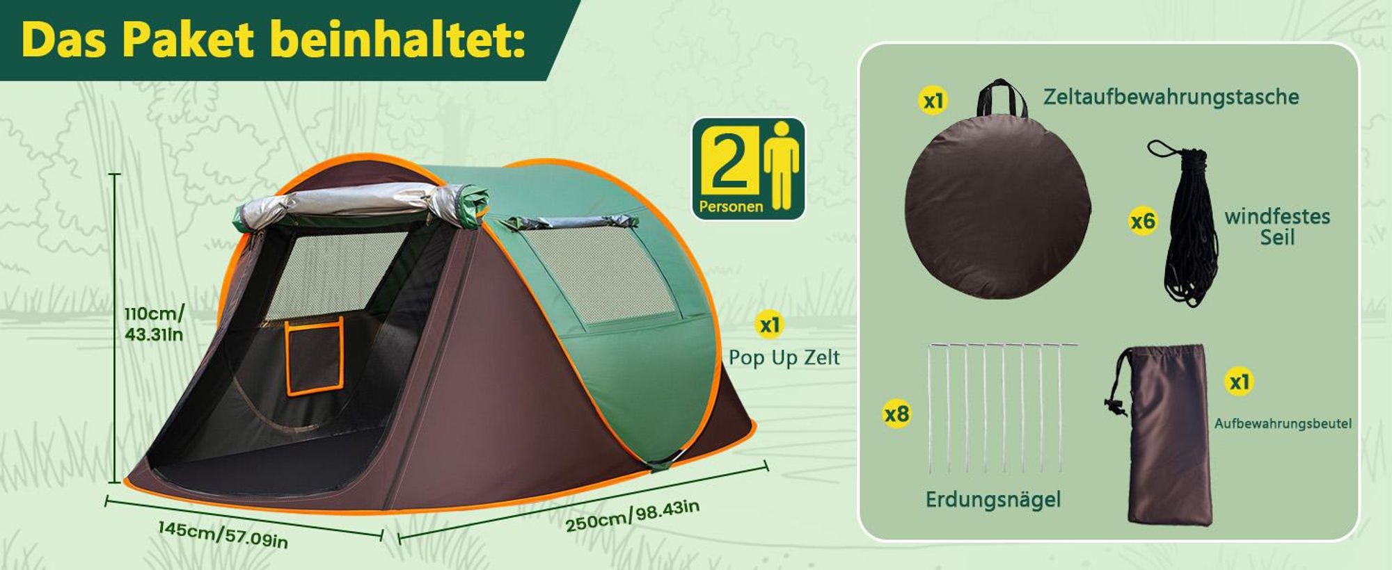 Pop Up Zelt, Wurfzelt für 2 Personen, Campingzelt, Wasserdicht, Trekking und Camping Sofortzelt, mit Heringe, Spannseile, für Familien, Camping