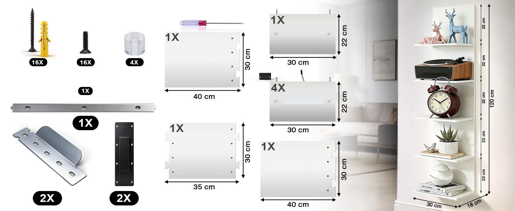 RGB+IC Wandregal Hängend 5-stufig Bücherregal Weiß mit Fernbedienung, 16 Mio. Farben Beleuchtung, Schweberegale für Wohnzimmer 30×18×117cm