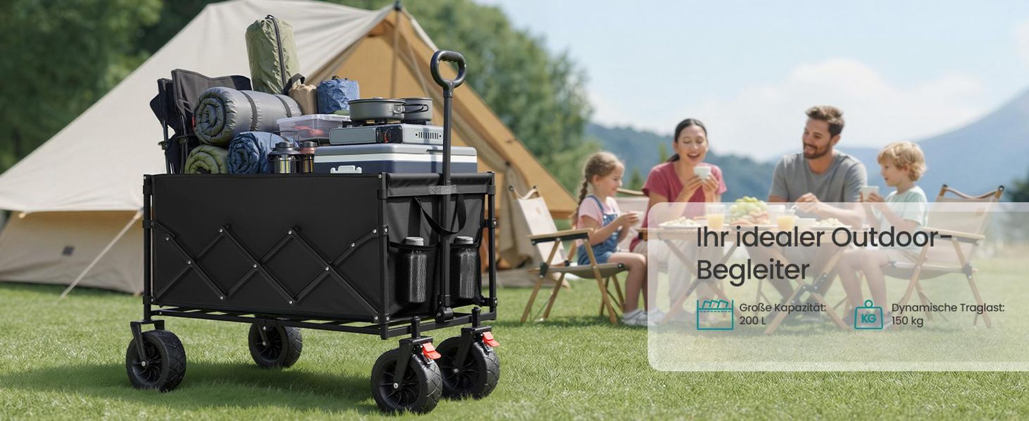 SONGMICS Faltbarer Bollerwagen, Transportwagen 200 L, Handwagen mit Griff, Outdoor Garten, 4 verstärkte Rollen, schwarz