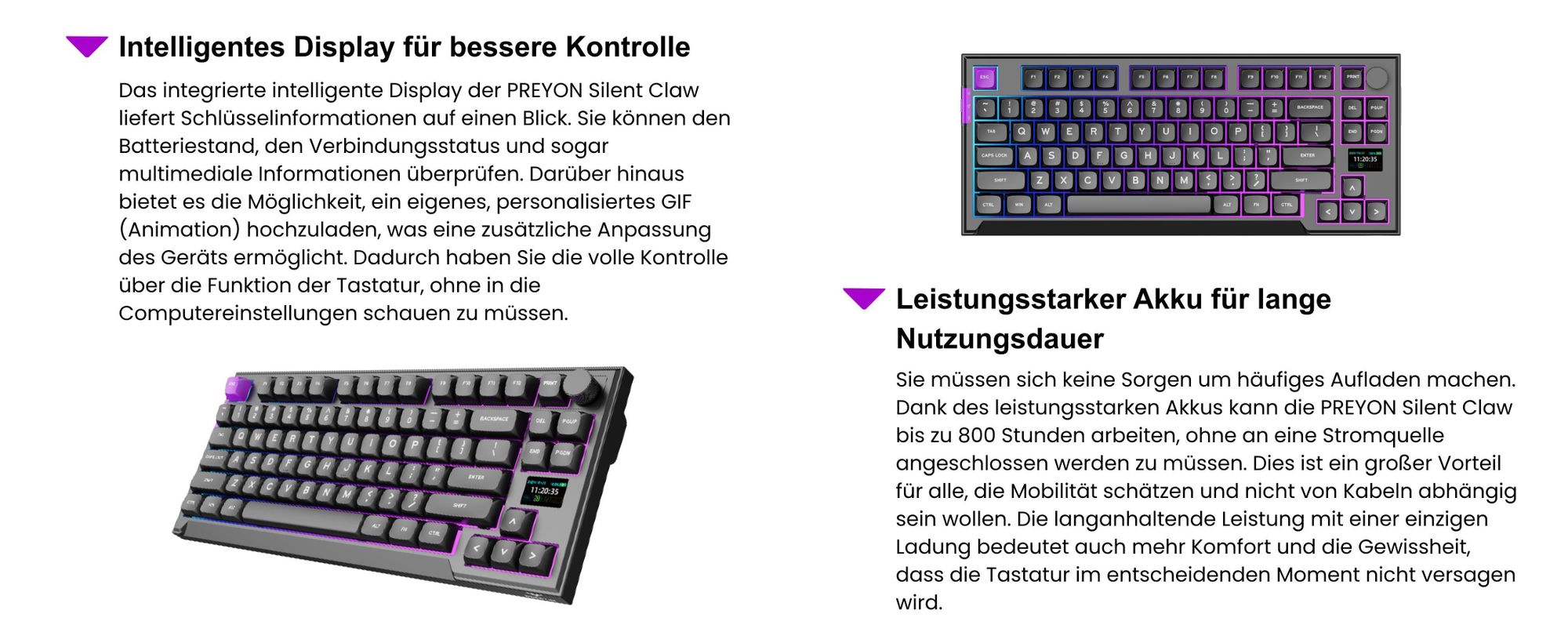 PREYON SILENT CLAW Tastatur Gaming-Tastatur - Gateron Yellow Pro 3.0 Gasket Mount - LCD Anzeige - ohne Zifferntastatur - RGB-Beleuchtung