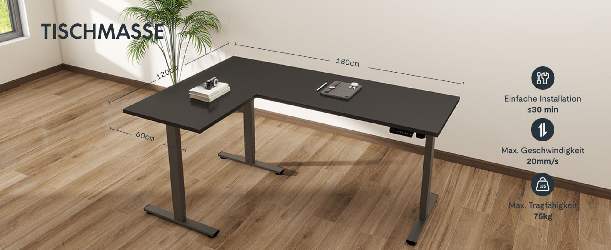 FLEXISPOT Höhenverstellbarer Schreibtisch 180x120cm L-förmiger Eckschreibtisch mit 3 Beinen, 4 Speicherplätzen, Antikollisionsschutz, LED (Schwarz)