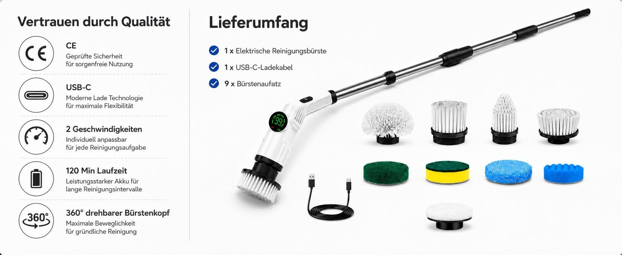 9 in 1 Elektrische Reinigungsbürste Akku 120 Min, 2 Geschwindigkeiten, 360° drehbarer Bürstenkopf, Display, USB-C, für Ecken, Bad, Fensterreinigung