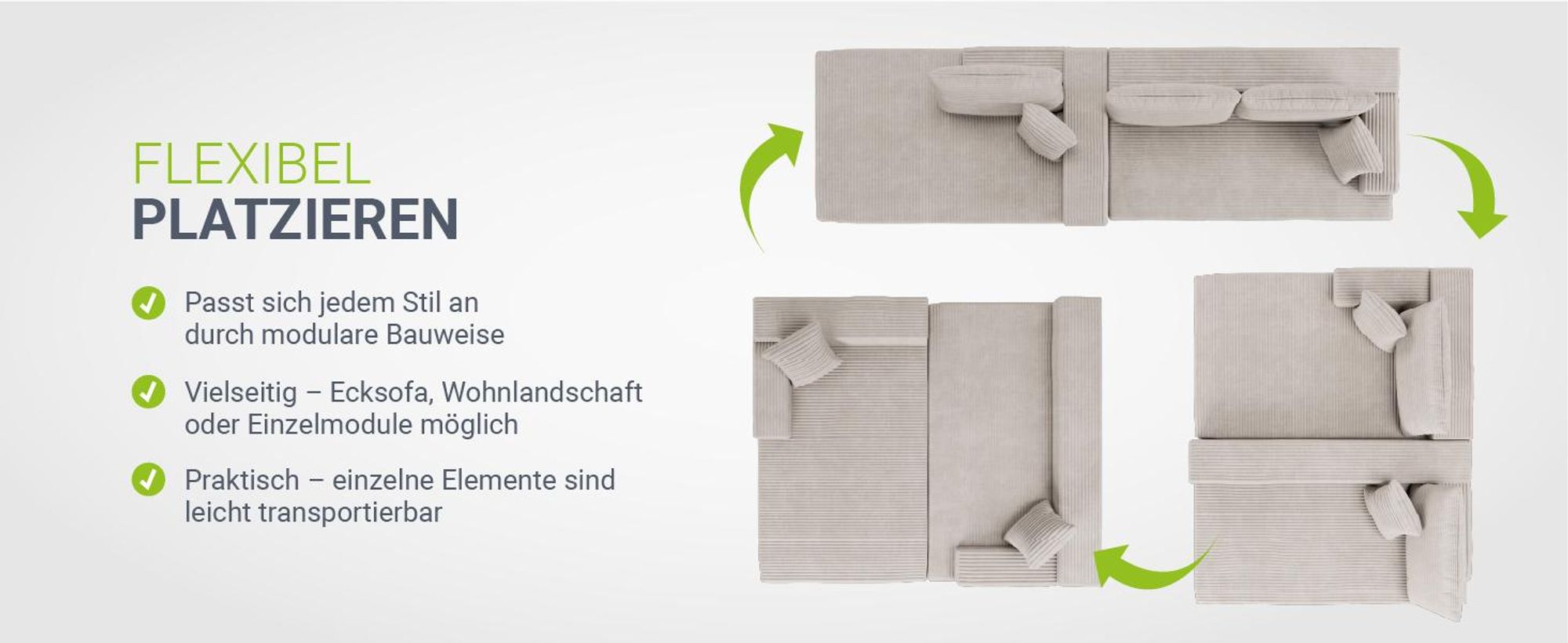 Juskys Sofa Coredo - Beige, moderne Couch aus Cord mit Kissen, Ottomane links