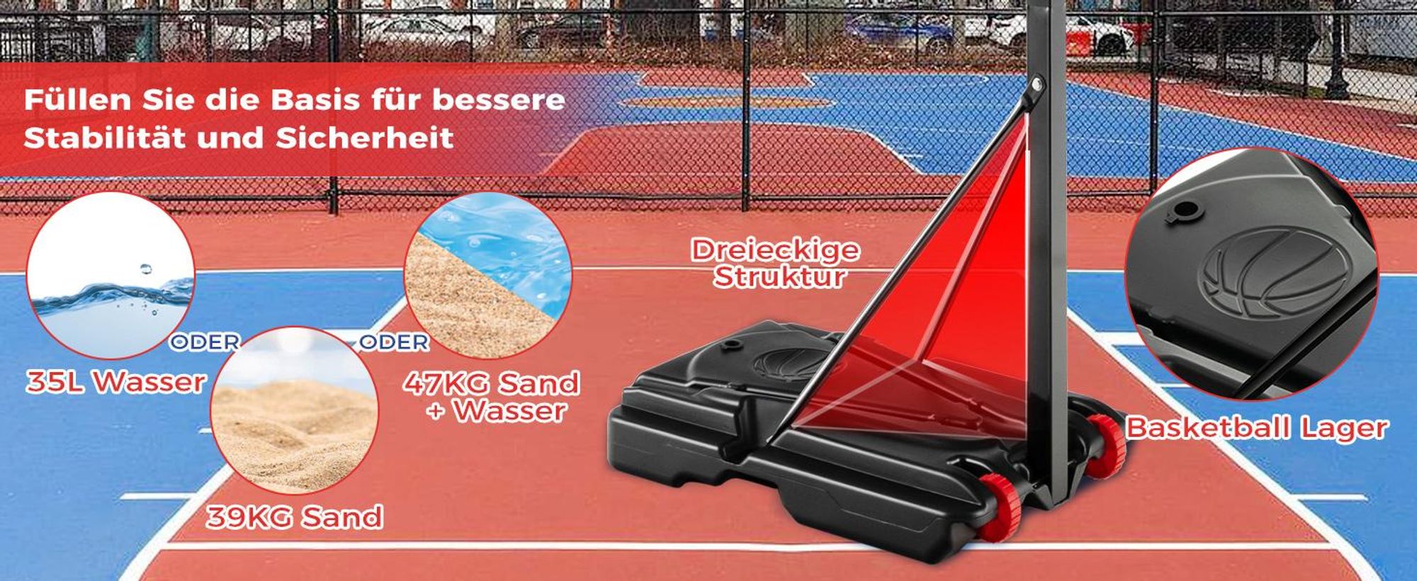 COSTWAY Basketballständer 228-265 cm höhenverstellbar, Basketballkorb mit Ständer & 2 Rädern, Korbanlage für Kinder, Erwachsene, mobiles Basketballanlage Indoor Outdoor