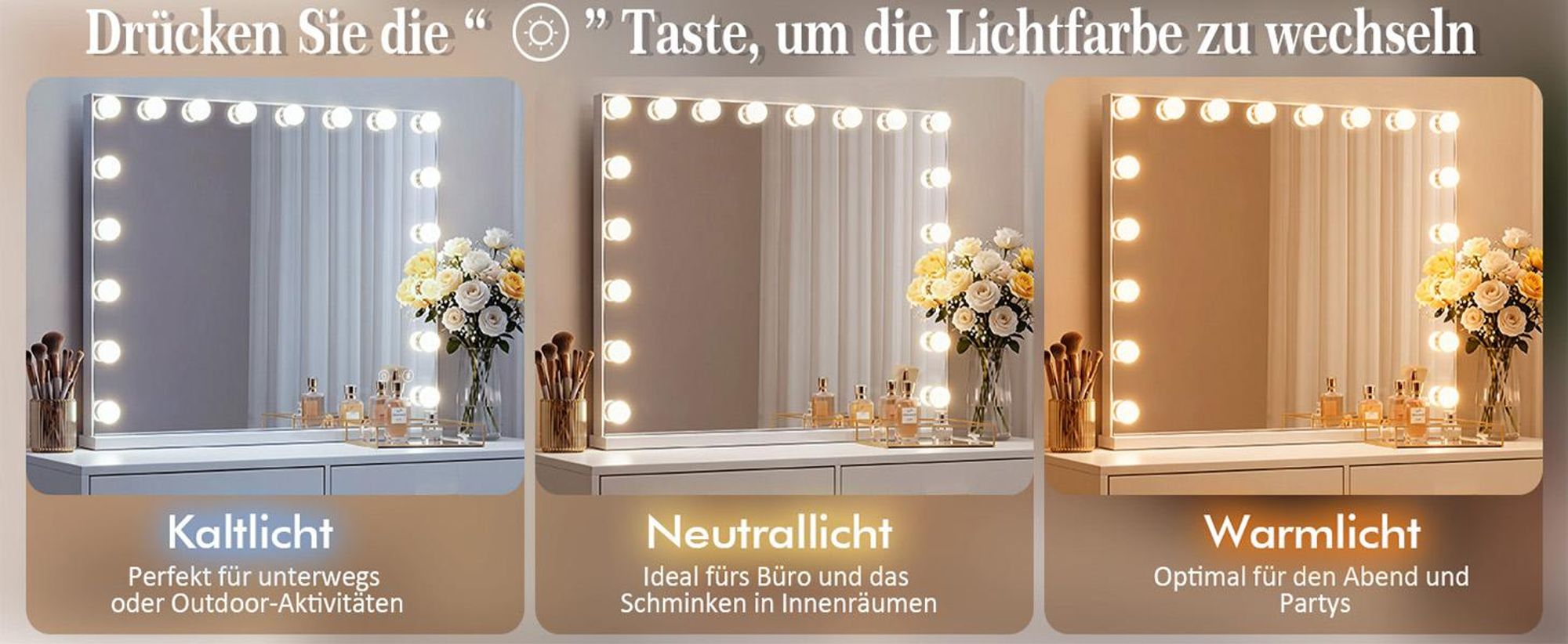 VANITII Hollywood Schminkspiegel 80cm x 58cm mit Beleuchtung 18 Dimmer Leuchten 3 Lichtmodus Bluetooth Kosmetikspiegel für Badzimmer Schminktisch Weiß
