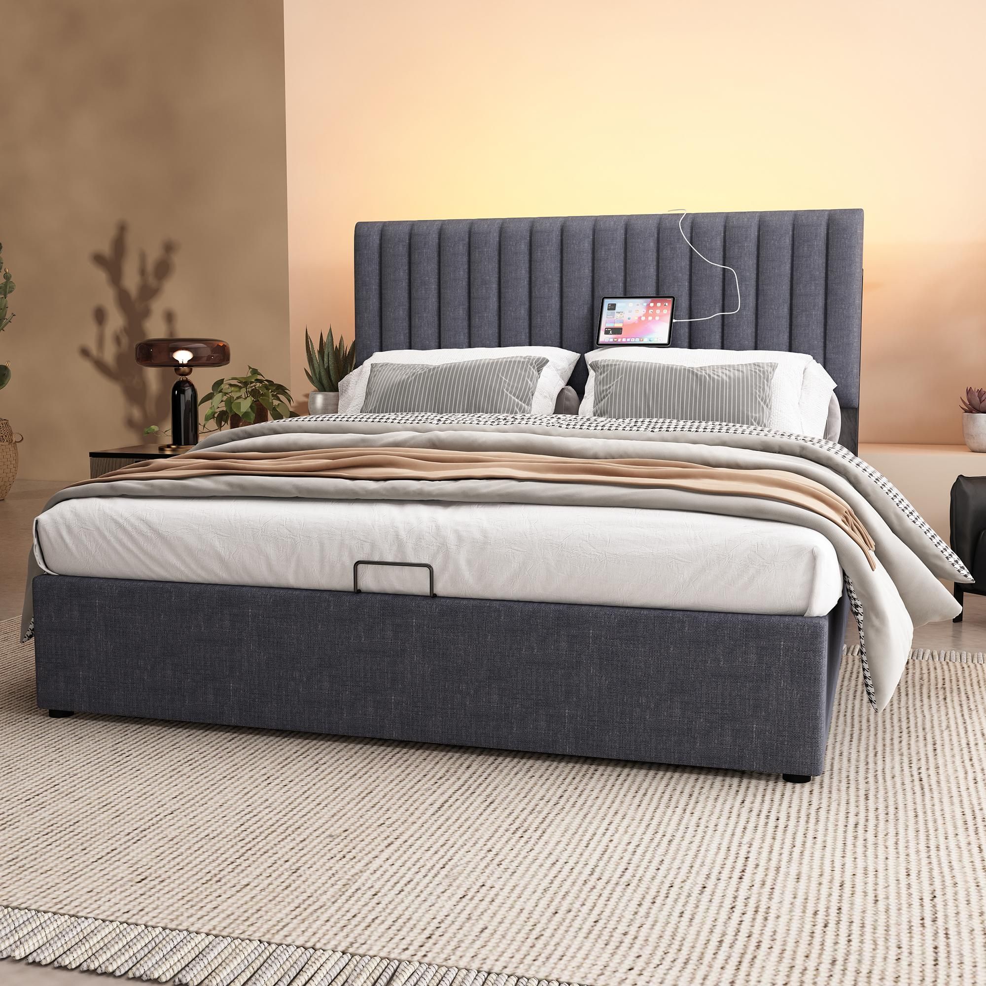 Flieks Polsterbett 140x200cm mit USB und Typ C, Stauraumbett Boxspringbett mit LED, Jugendbett Doppelbett mit Lattenrost, Funktionsbett, Leinen, Grau