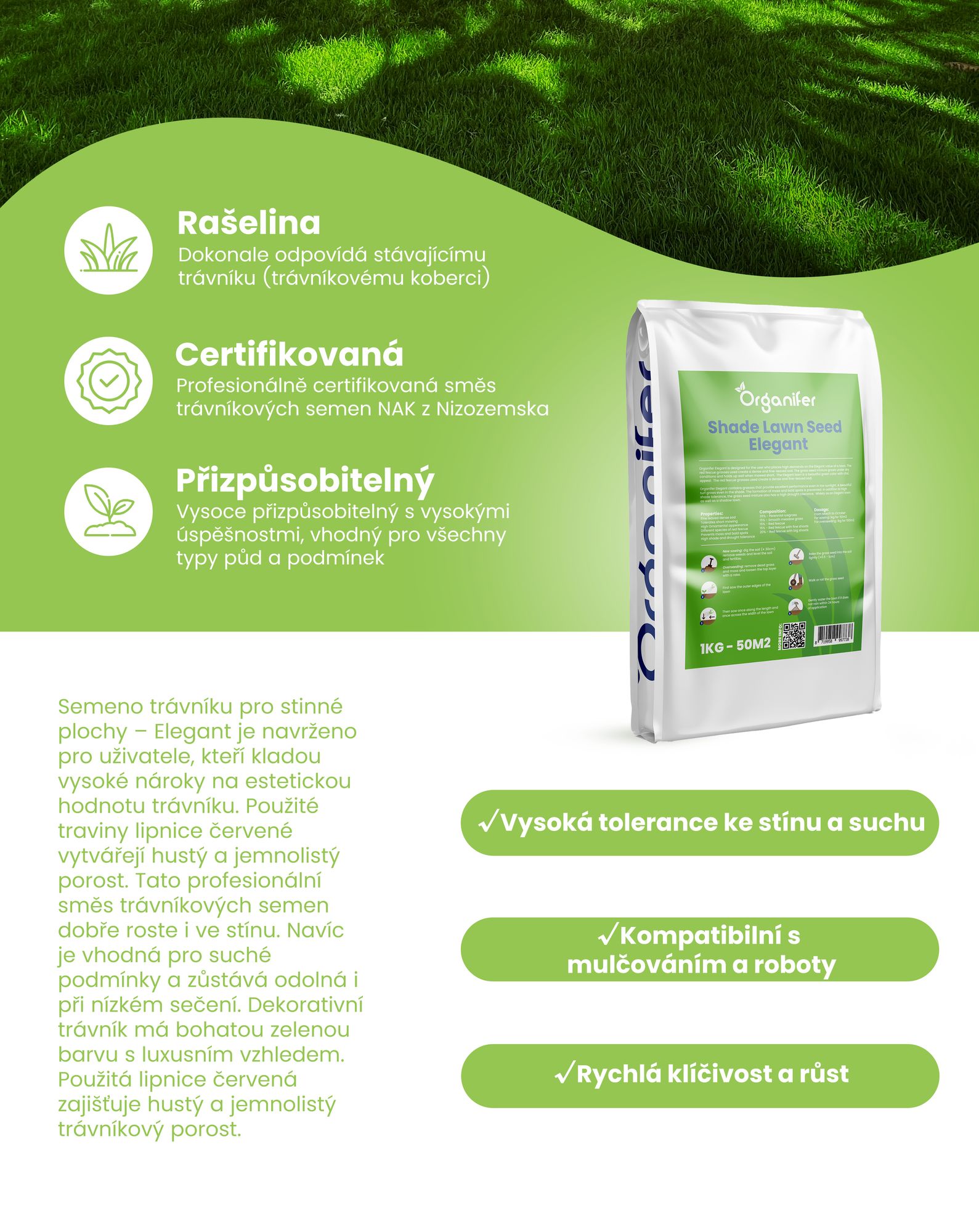 Semeno trávníku pro stinné plochy – Elegant (1 kg na 50 m2) - Organifer
