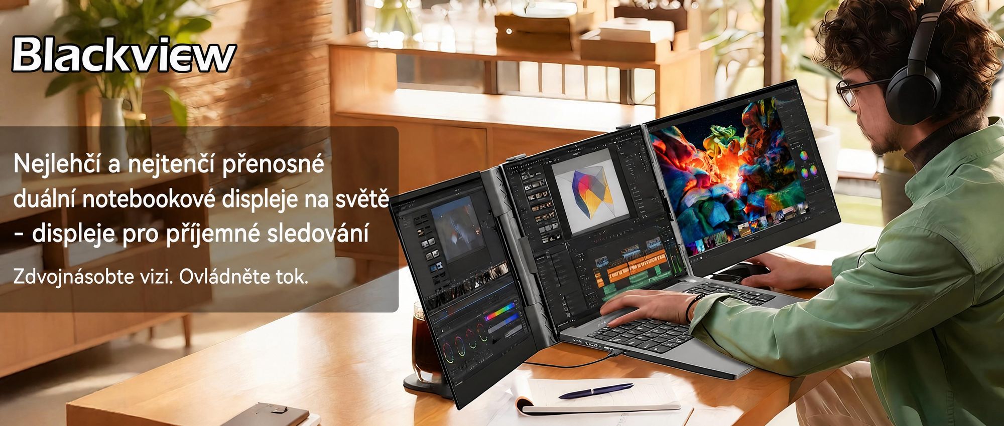 Blackview přenosný monitor DCM6 14", monitor pro notebooky s dvěma obrazovkami, ultratenký, FHD, pro notebooky 13,3"–17,3", otočný o 180°, pro Windows/Mac/Android