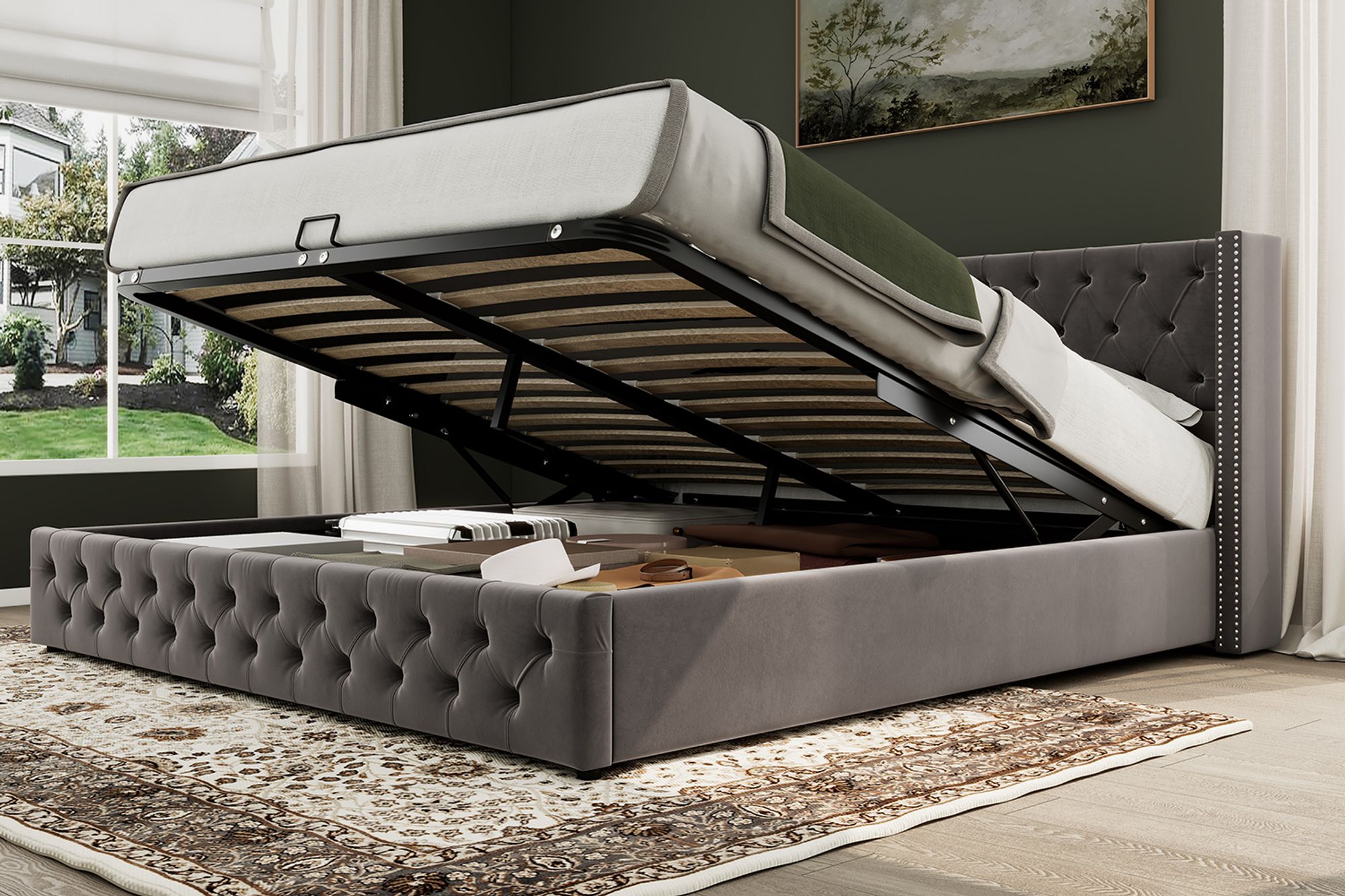 MODFU Boxspringbett Hydraulisches 140 x 200 cm mit Ohrenform Kopfteil und Knopfnähte, Polsterbett Doppelbett Stauraumbett mit Bettkasten Stauraum, Samt Grau(Ohne Matratze)