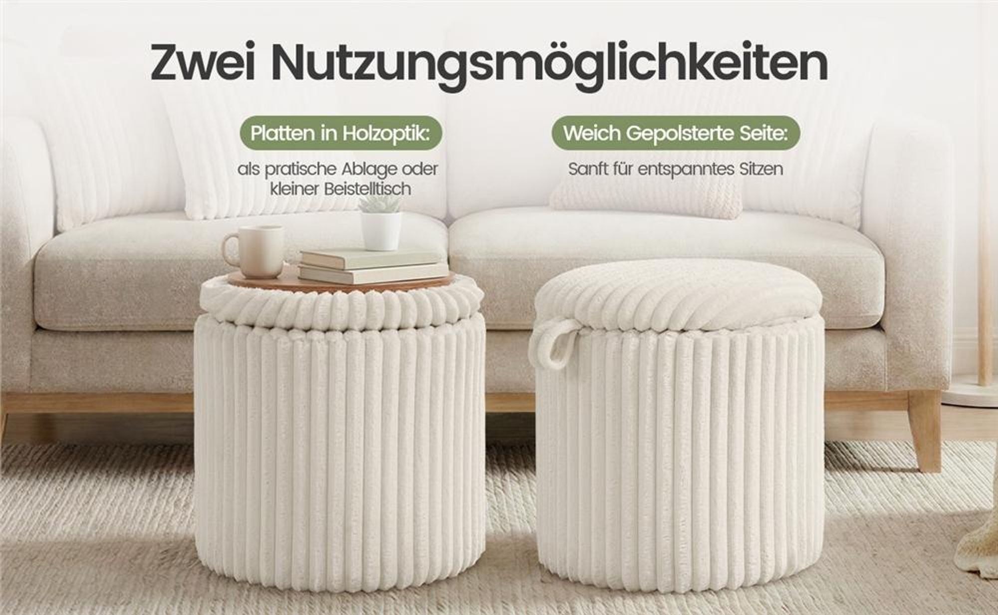 Yaheetech runder Hocker mit 35L Stauraum, Cordstoff, ∅43 x 45 cm, mit wendbarem 2-in-1-Deckel, bis 136 kg, Beige