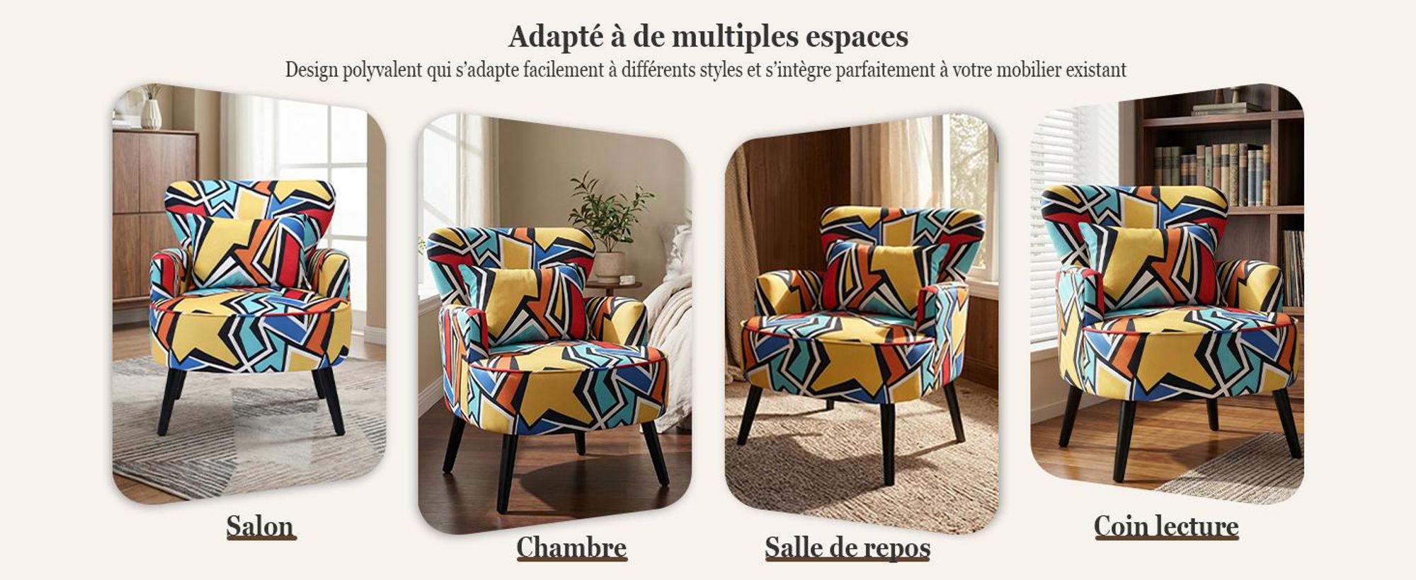 Fauteuil Salon Vintage Coloré, Oreilles Pieds Bois Fauteuil Vintage à Oreilles, Fauteuil Ergonomique avec Motif Géométrique, Charge 120 kg, pour Chamb
