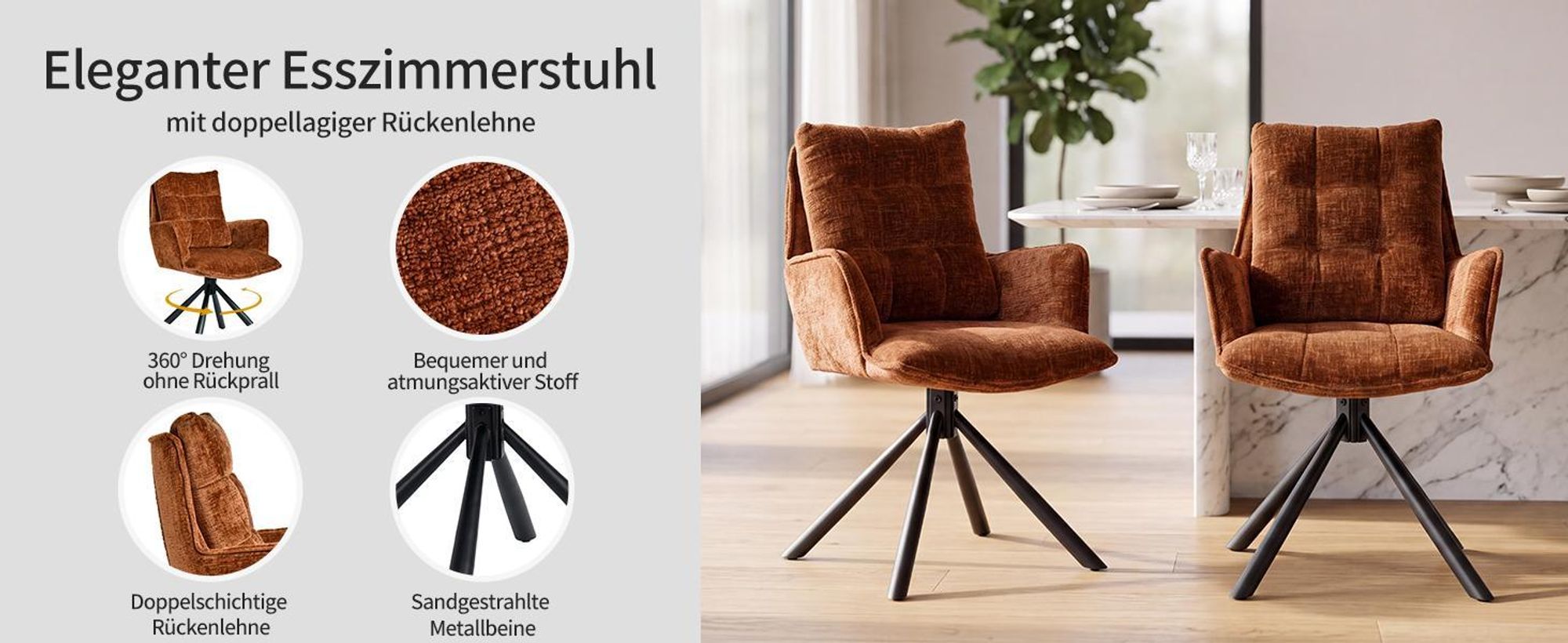 Duhome Esszimmerstuhl 360° Drehbar Loungesessel 4er Set Chenille Stuhl mit Rückstellfunktion für Büro Küche Wohnzimmer Schlafzimmer, Orange