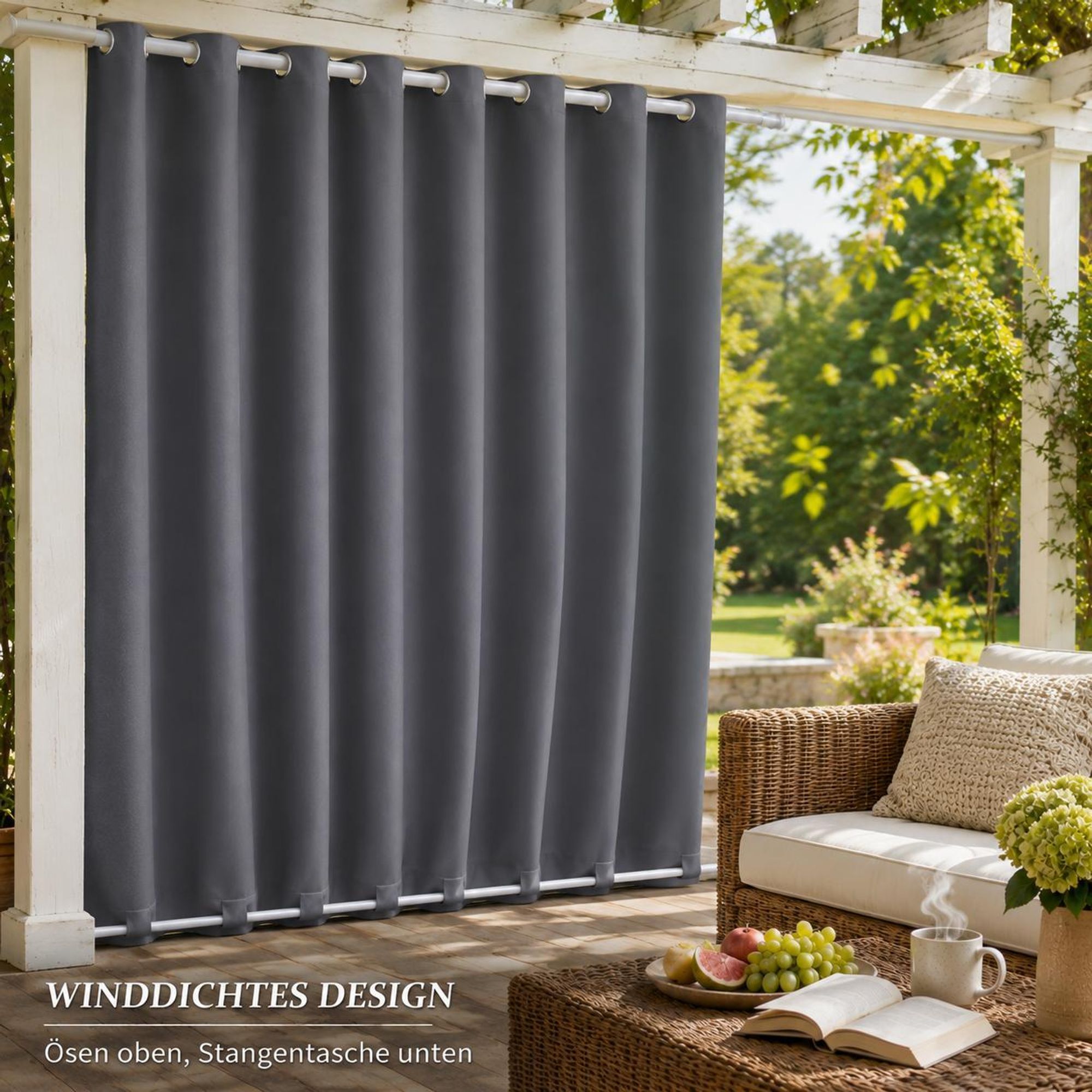 1x Garden Outdoor Vorhang Wetterfest Mit ösen Wasserdicht extra breite Privatsphäre UV-Schutz für Balkon Terrasse Patio Pavillon, 180x243cm,Dunkelgrau