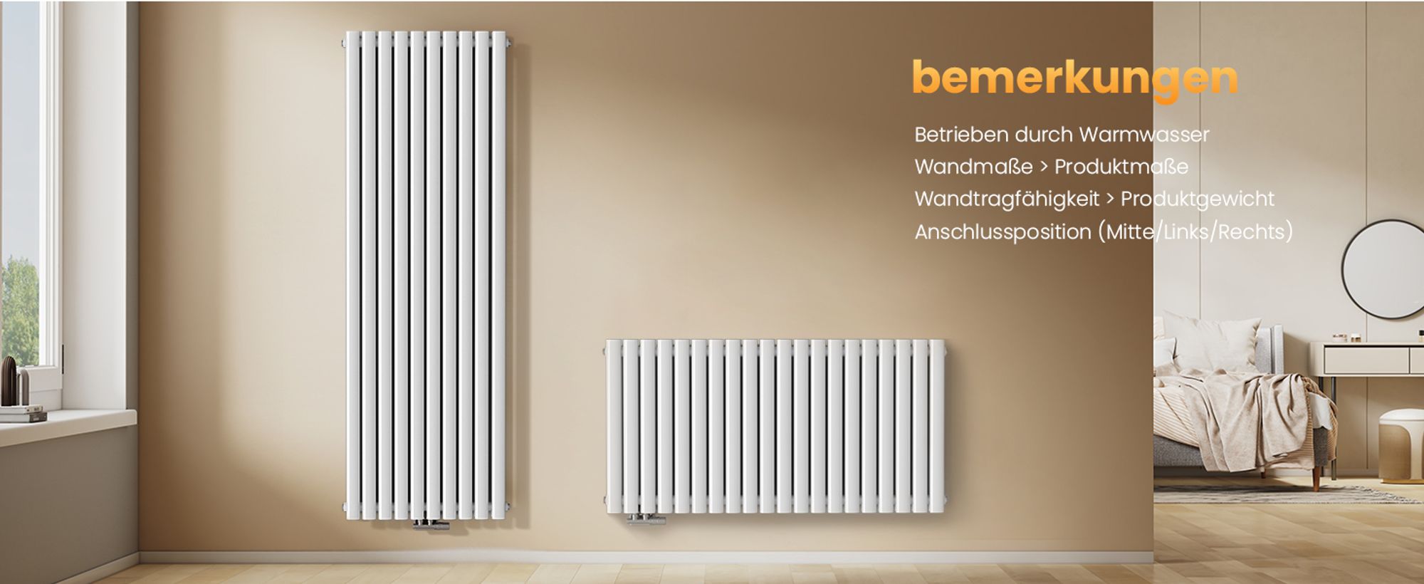 EMKE Design-Heizkörper 600 x 1180 mm Heizkörper Horizontaler Weiß Ovalheizkörper Seitenanschluss Doppellagig Heizung, 1828W ohne Heizstab
