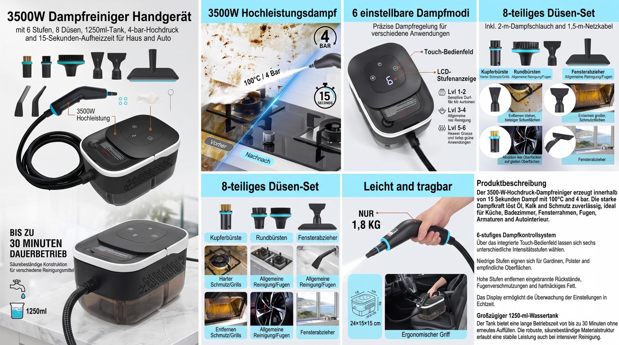 3500W Dampfreiniger Handgerät mit 6 Stufen, 8 Düsen, 1250ml-Tank, 4-bar-Hochdruck und 15-Sekunden-Aufheizzeit für Haus und Auto