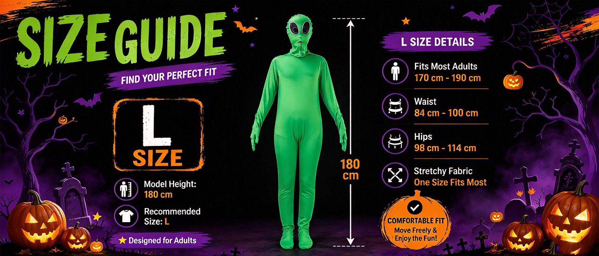 Juksun Alien Kostüm Jumpsuit für Erwachsene grün Größe L 180cm mit Kapuze für Halloween Karneval Rollenspiel