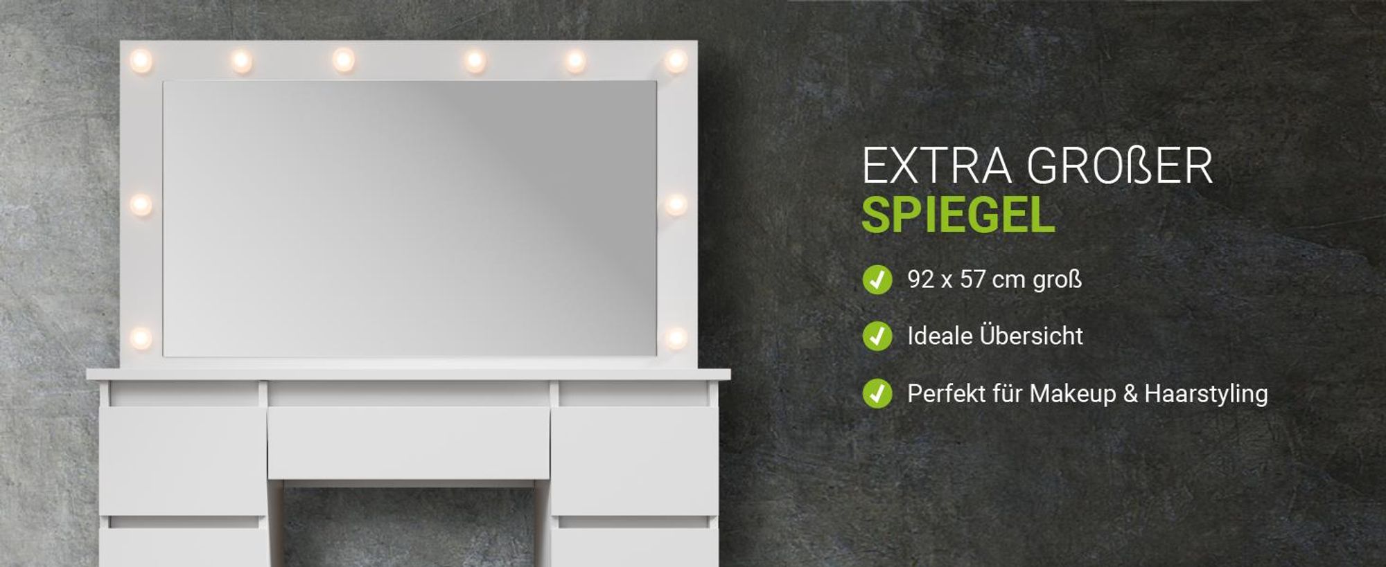 Juskys Schminktisch Lilia mit LED, 7 Schubladen & großem Spiegel – Weiß