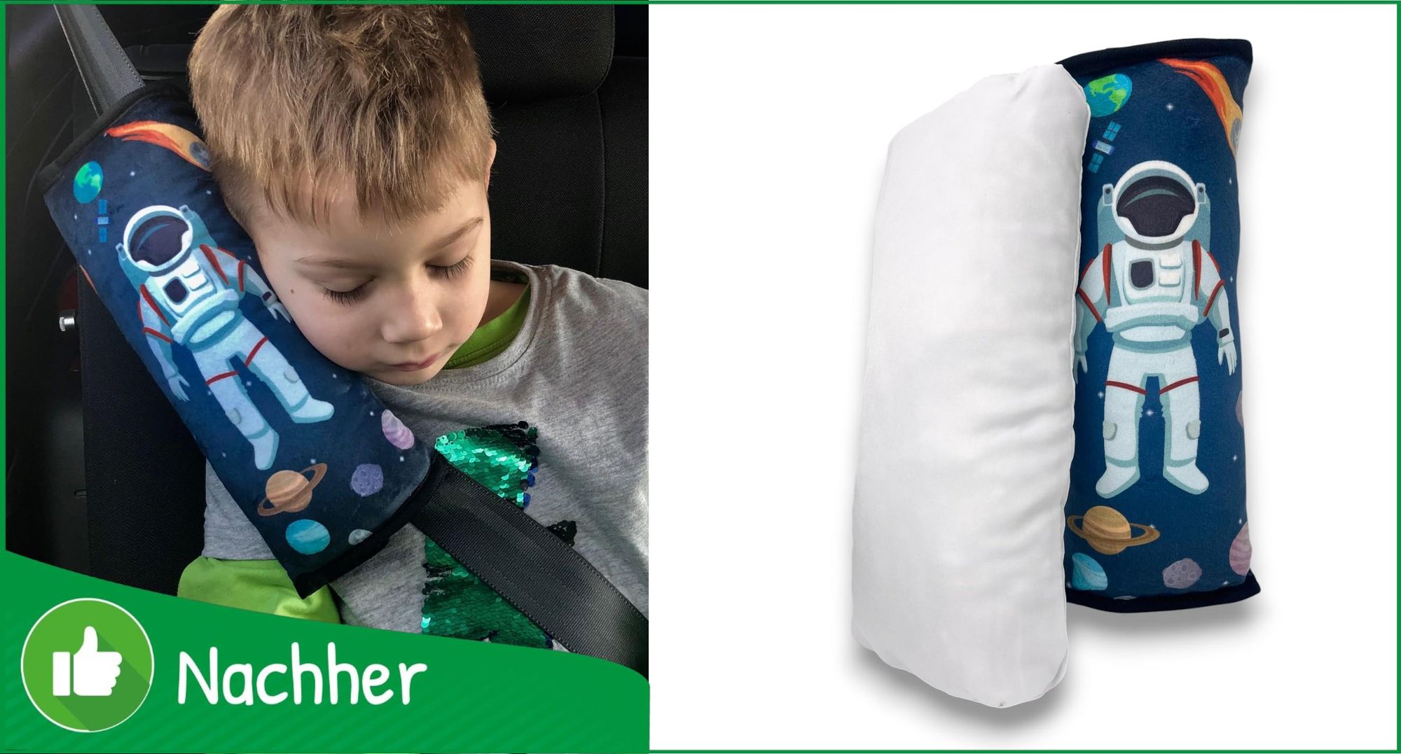 HECKBO® Weltraum Space Astronaut Auto Schlafkissen für Kinder - maschinenwaschbar – kuschelweich - hochwertiges Auto Gurtkissen Gurtschoner Gurtkissen Gurtschutz Auto Kissen, Reisekissen - 30cm x 12cm
