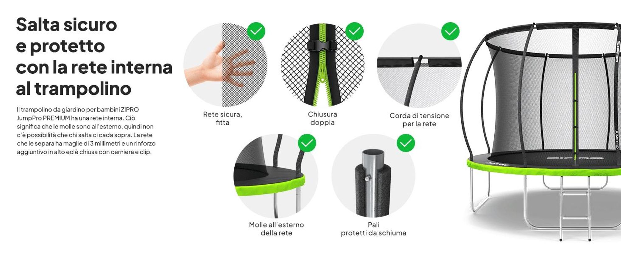 ZIPRO Trampolino Jump Pro Premium | 10FT Ø 312 cm | Trampolino da giardino Trampolino per bambini Set completo incl. rete, scaletta e copertura perimetrale, per esterni, verde