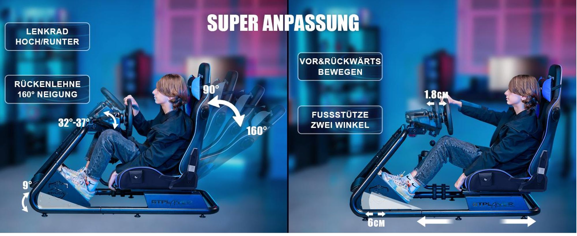 GTPLAYER Simulator Cockpit, SIM racing Cockpit, rennsimulator lenkradständer Gamingstuhl racing wheel stand mit Bluetooth-Lautsprecher und Pedalablage