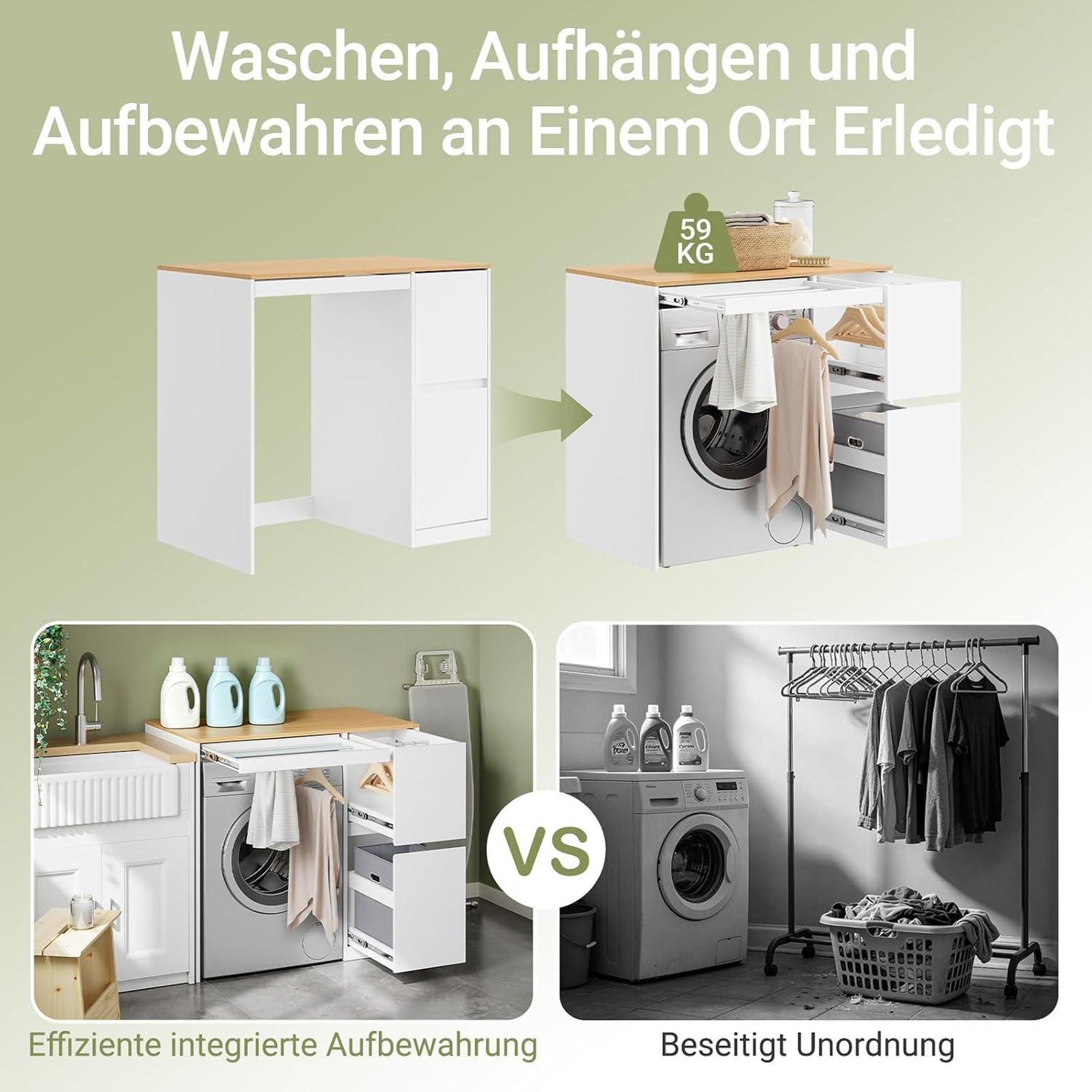 SoBuy Waschmaschinenunterschrank mit ausziehbarem Wäschetrockner und Schubladen, weiß, modern, 100x60x95 cm Holzplatte BZR223-WN