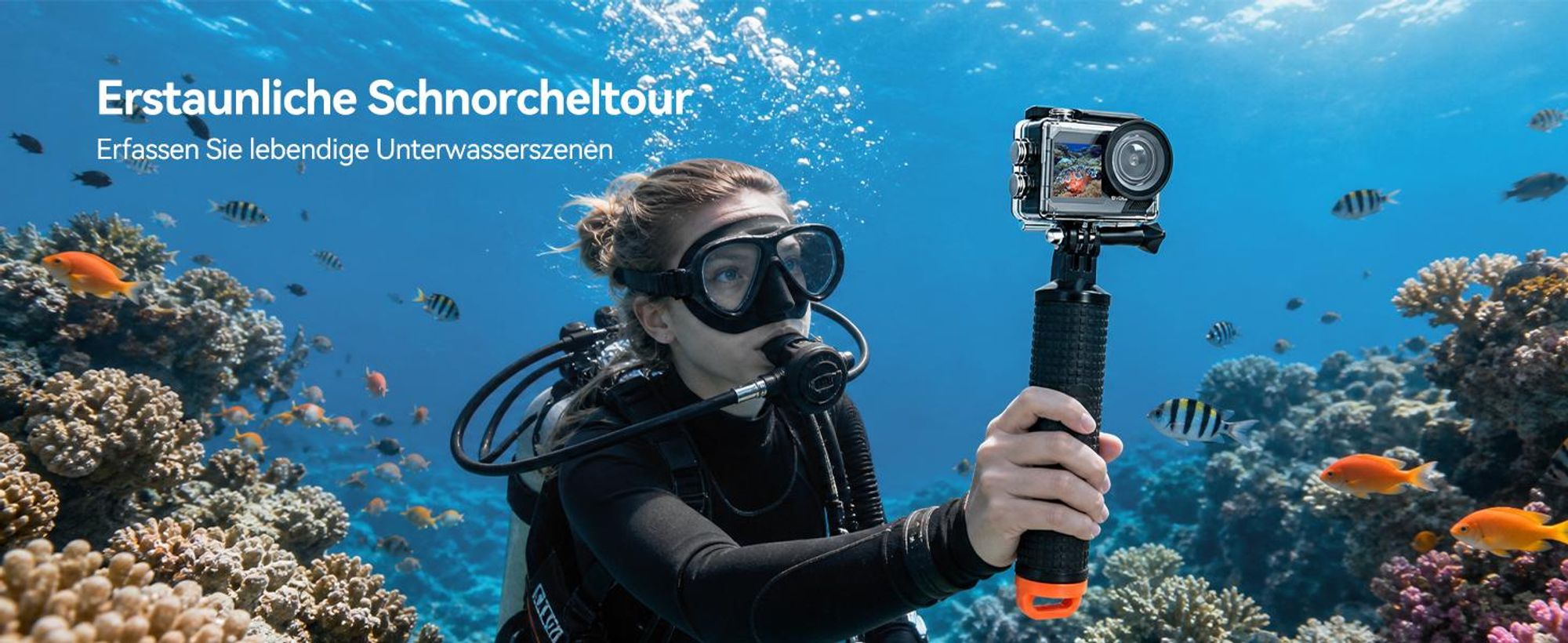 SVbony SVGO2 Action-Kamera 4K/30 fps IPX8 wasserdicht,30m,WLAN, EIS, 2,0-Zoll-Touchscreen, mit Auftriebsstange 2x1350mAh Akkus für Schnorchel, Surfen