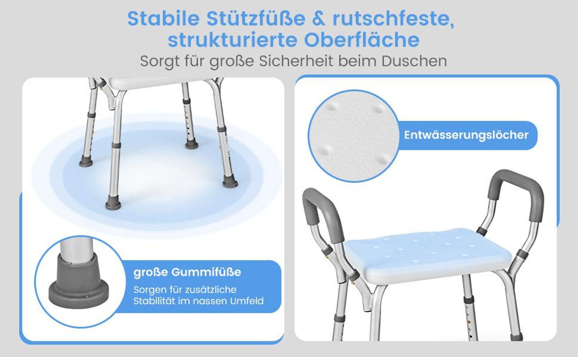 COSTWAY Duschbank mit abnehmbaren, gepolsterten Armlehnen & rutschfesten Gummifüßen, 6-stufig höhenverstellbarer Badehocker, medizinischer Duschstuhl