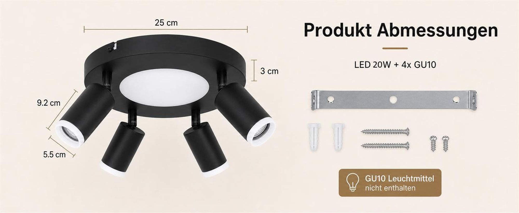 ZMH Led lampa sufitowa 4 płomienie spot sufitowy GU10 - lampa do sypialni 3000k czarna lampa kuchenna 20W reflektor sufitowy obrotowy