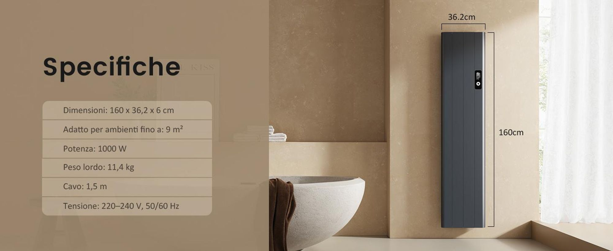 EMKE® Riscaldatore elettrico 1000W Display LCD antracite Convettore elettrico 1600x362x60mm WiFi + Alexa/Google Home, radiatore elettrico a parete per ambienti di 9 m²