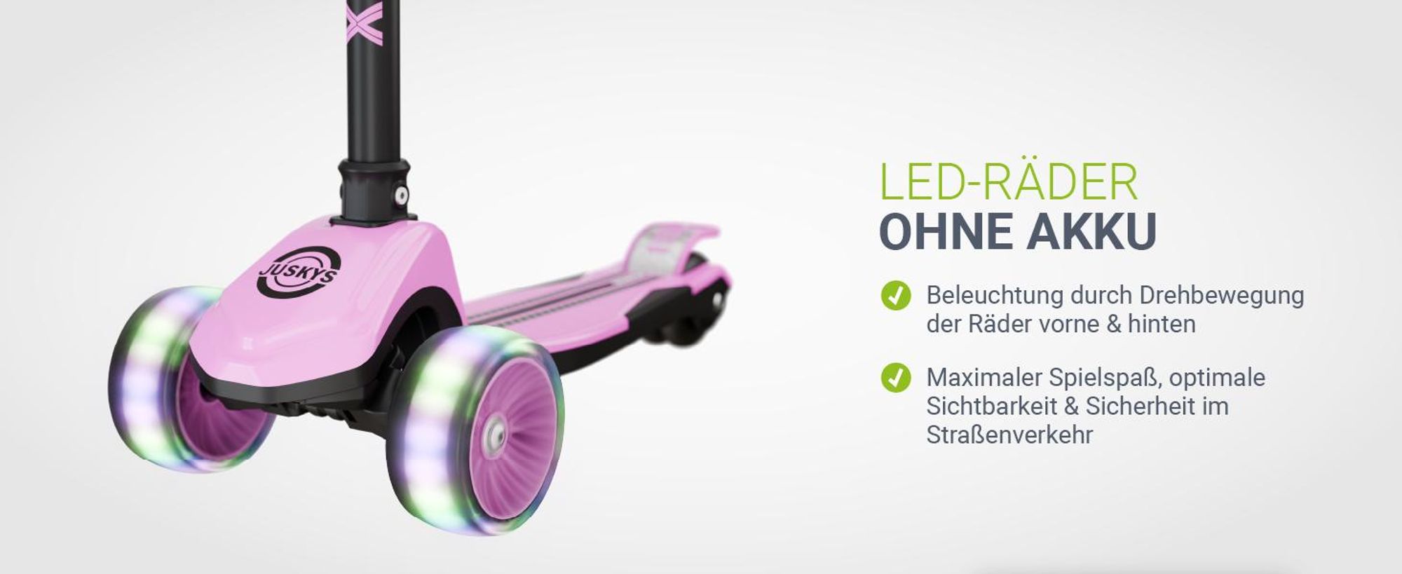 JUSKYS® Kinderroller Lumox - Rosa, LED Räder, höhenverstellbarer Kinderscooter