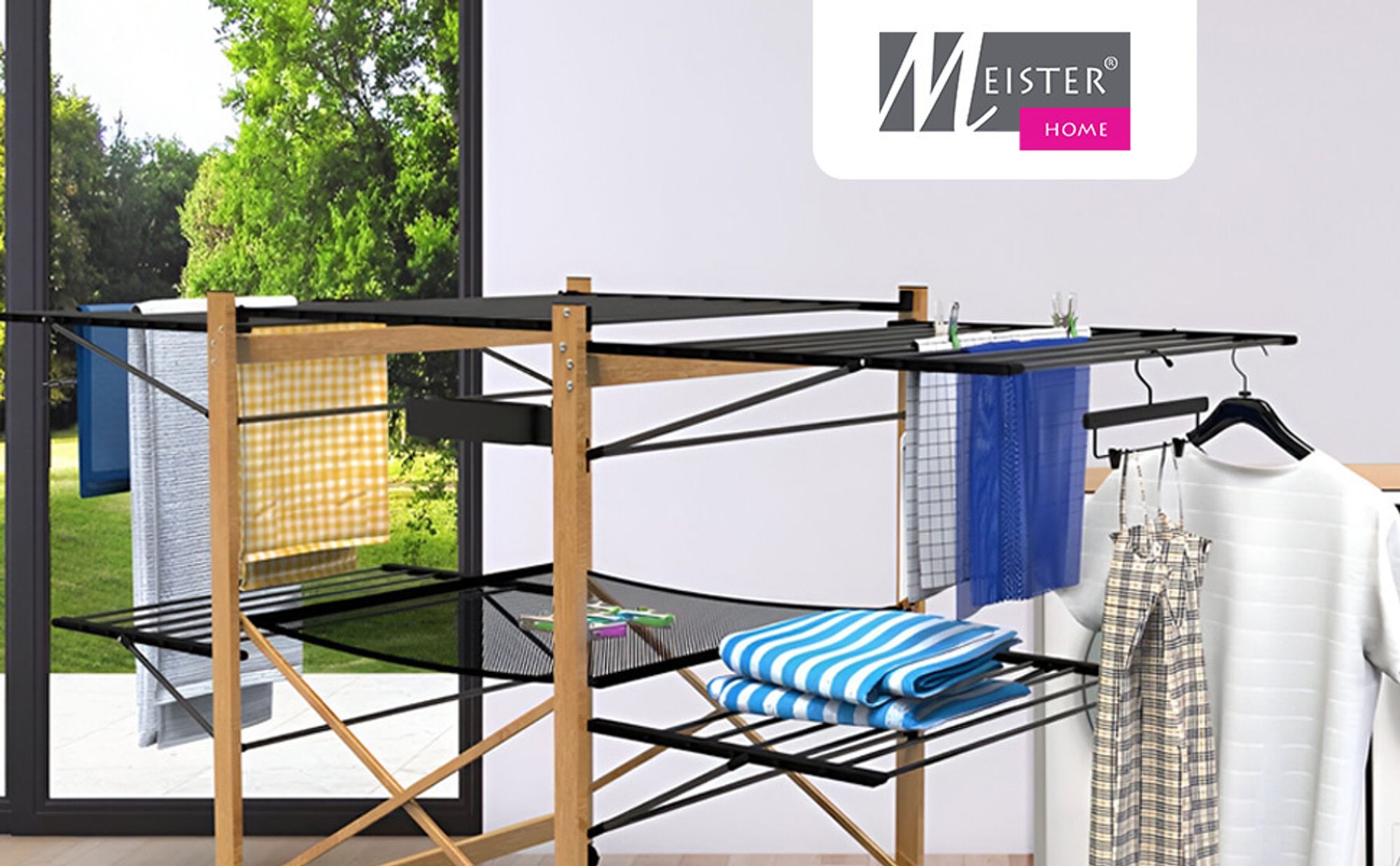 Meisterhome® Wäscheständer Standtrockner 30m Trockenleinenlänge, Flügelwäscheständer, Flügelwäschetrockner platzsparend, Metall, für Kleidung, Handtücher, Wäsche, für drinnen und draußen - Schwarz/Weiß, Farbe:Schwarz
