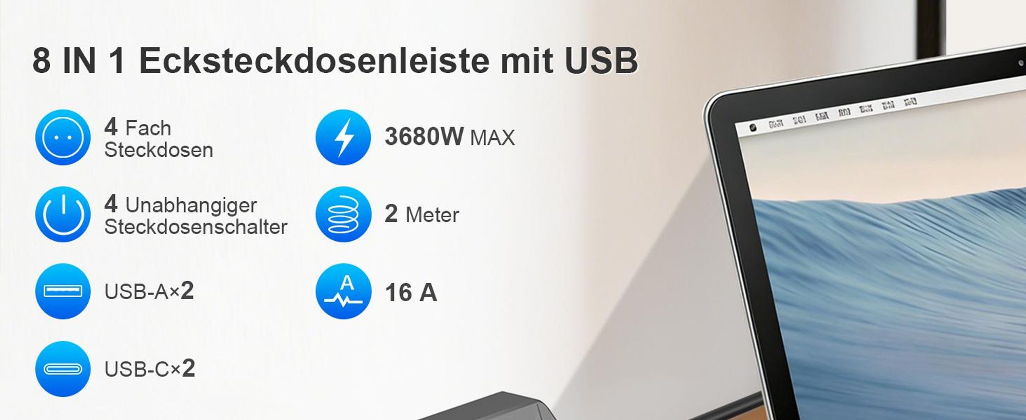 Steckdosenleiste, Steckdosenblock, Ecksteckdose, Mehrfachsteckdose, 4-fach Rund Mehrfachstecker, 4 USB (2 USB C), 2M Verlängerungskabel