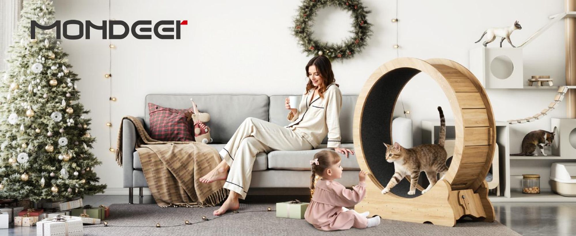 Mondeer Tier-Intelligenzspielzeug Laufband für Katzen,Innendurchmesser 80cm,Sicherheitsschloss-Design, Leises Scrollrad,90 x 97 x 36CM Naturholz