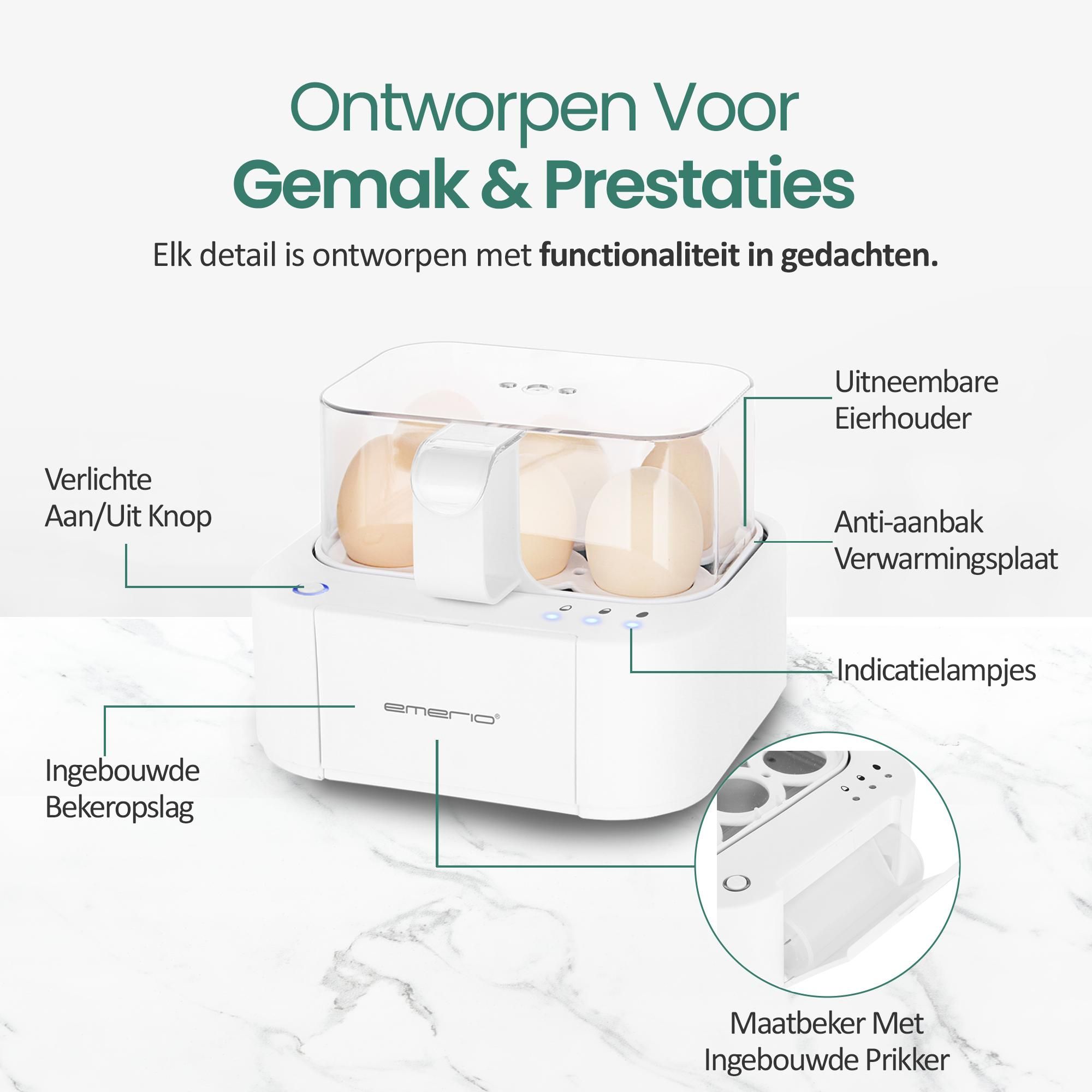 Emerio Smart Eierkoker EB-115560.14 – 6 Eieren – 400 W – Spraakfunctie – Zacht, Medium & Hard – Inclusief Maatbeker