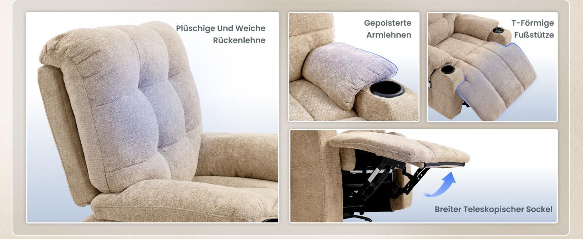 FLEXISPOT XR7 Elektrischer Relaxsessel, Massagesessel mit Heizfunktion, 360°drehbar, USB-Anschluss, 105°-165° verstellbar, belastbar bis 200 kg(Beige)
